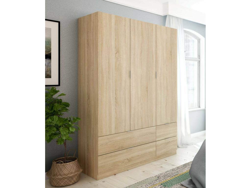 Armario Dob, Mueble de dormitorio con 3 puertas y 2 cajones, Perchero, 135x52h200 cm, Roble
