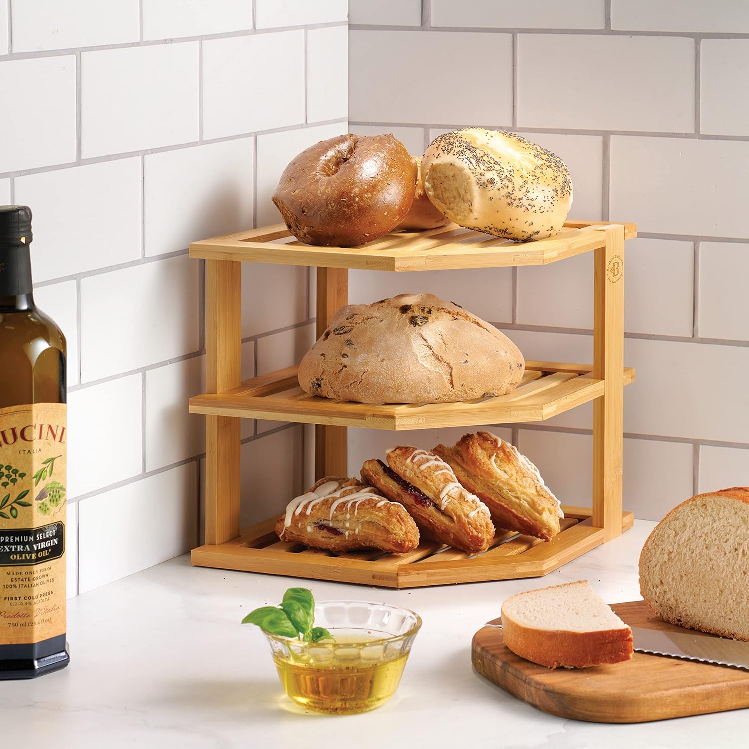 2-Pack Plate Organizer for Cabinet - 3 Tier Bamboo Corner Cabinet Organizer Shelf for Plates Bowls Mugs Cups, Kitchen Cabinet Organizer, Cabinet Shelf Organizer, Countertop Rack, 10 x 10 x 9.5 Inch