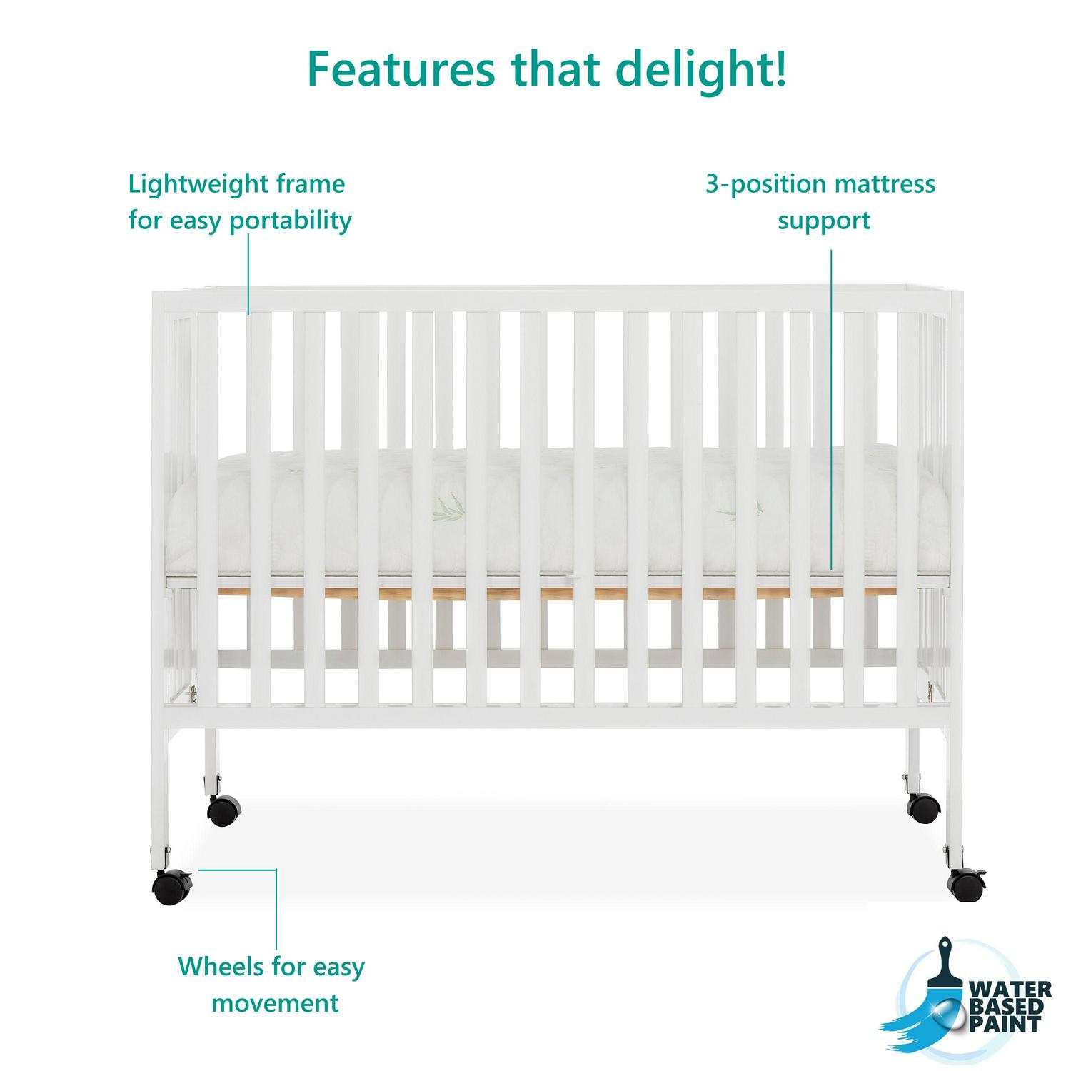 Dream On Me Quinn Full-Size Folding Crib. Removable Wheels. Modern Nursey. Adjustable Mattress Support. Patent Folding System in White - Image 5
