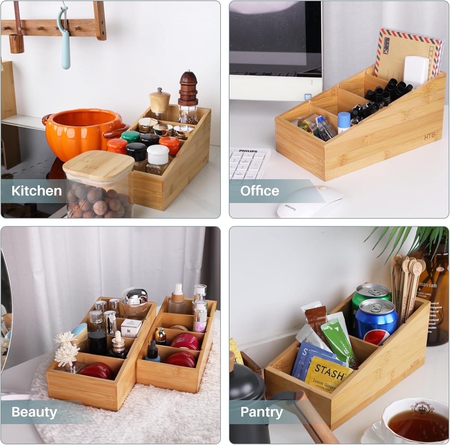 HTB 4-Section Snack Organizer with Removable Dividers for Kitchen, Cabinet, Office, Countertop, 2 Pack Bamboo Pantry Storage Organization for Spice Packets, Seasoning Pouches, Coffee Pods