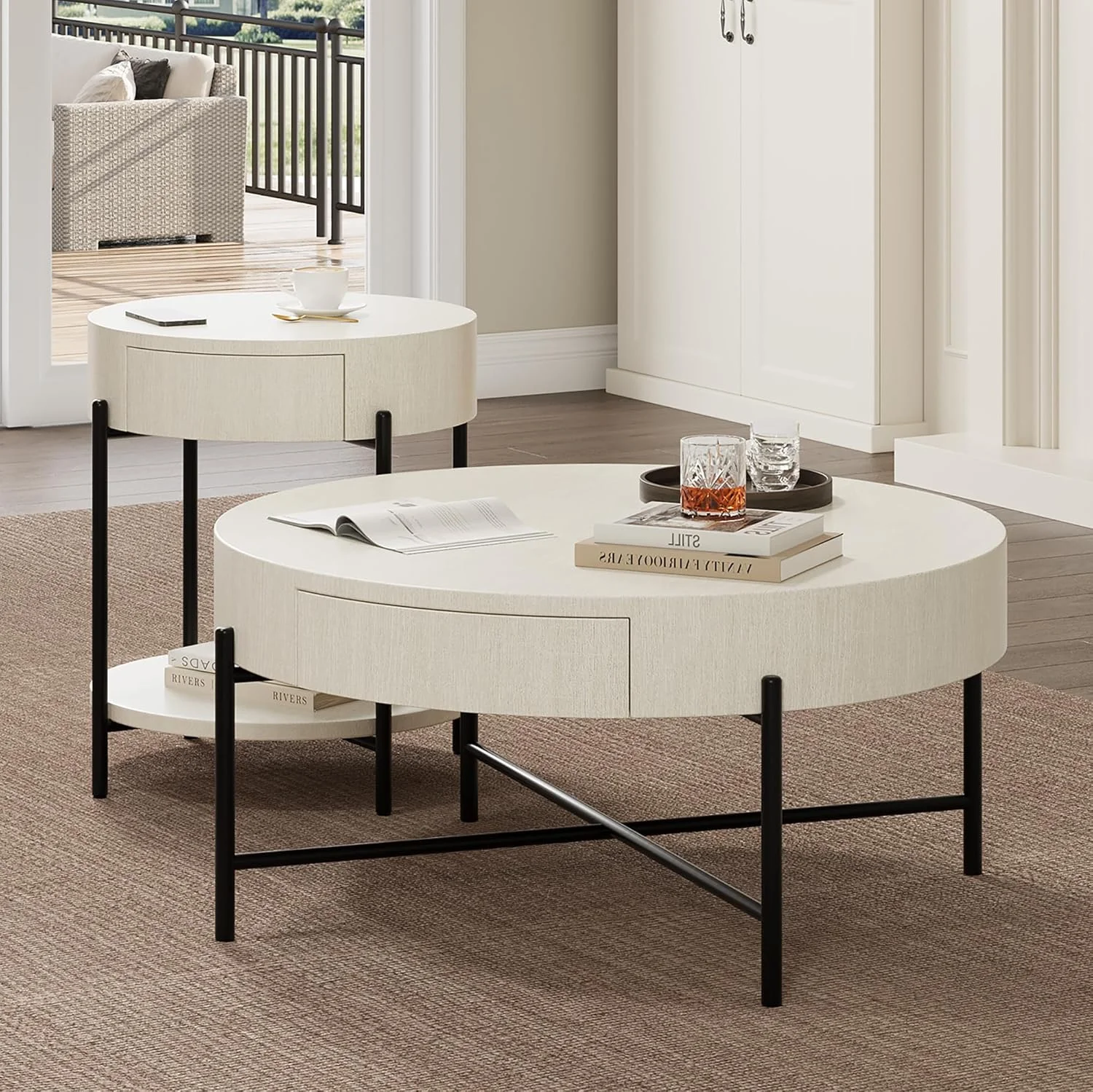 Round Coffee Table with Drawers Circle Living Room Table Wood Accent Coffee Table with Storage White Center Table (Natural) - Image 6