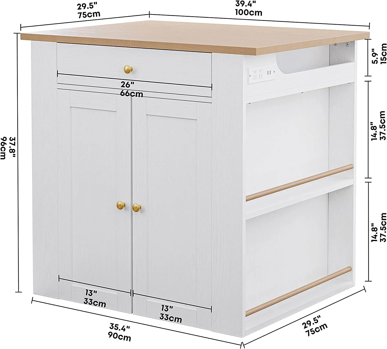 IRONCK Kitchen Island with Large Storage Space and Charging Station, 29.5"D x 39"W x 38"H, White - image 4