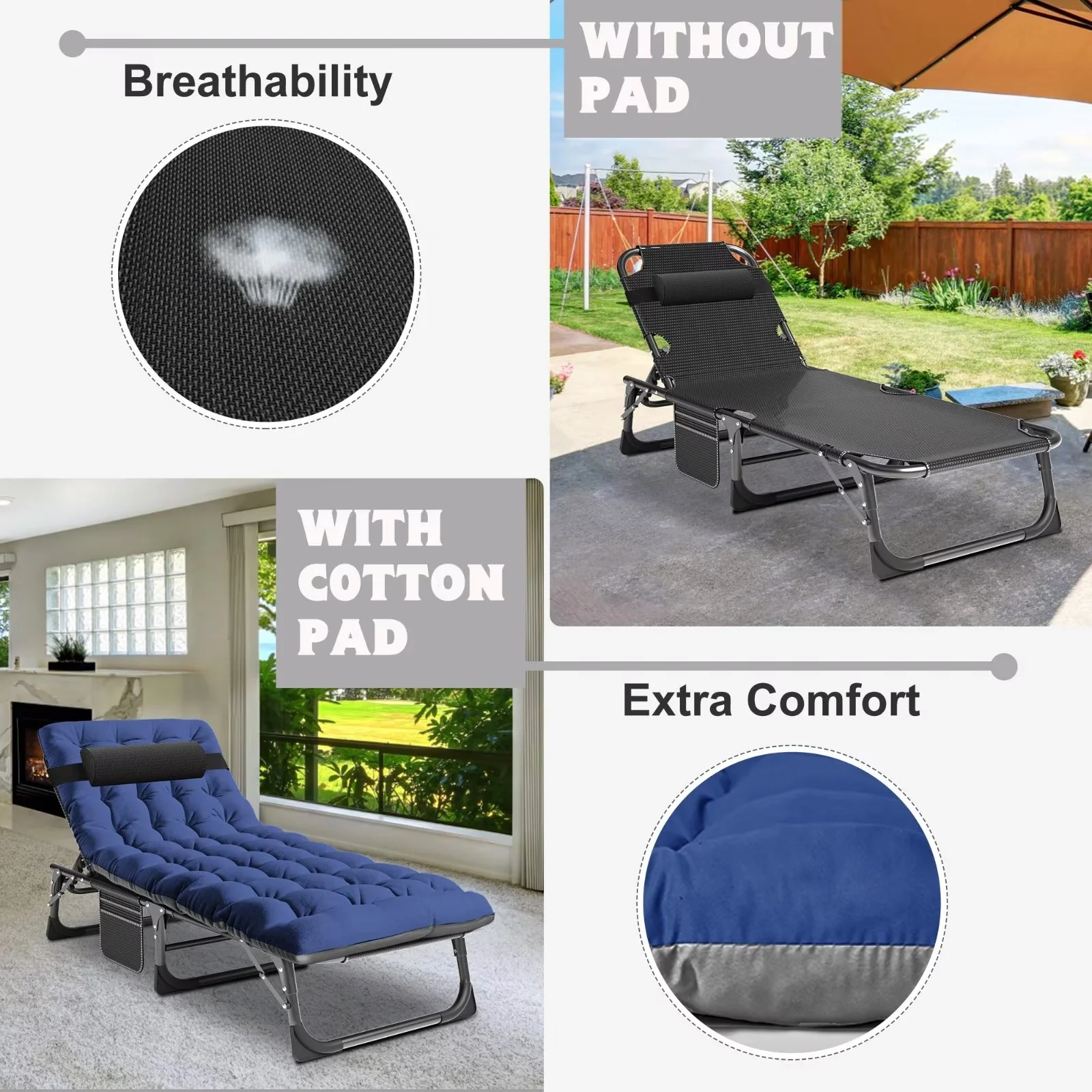 MOPHOTO Lounge Chair with Mattress, Outdoor Chaise Lounge Support 440 Lbs, Adjustable Portable Heavy Duty Sleeping Cots Bed for Camping, Pool, Beach, Patio - Image 25