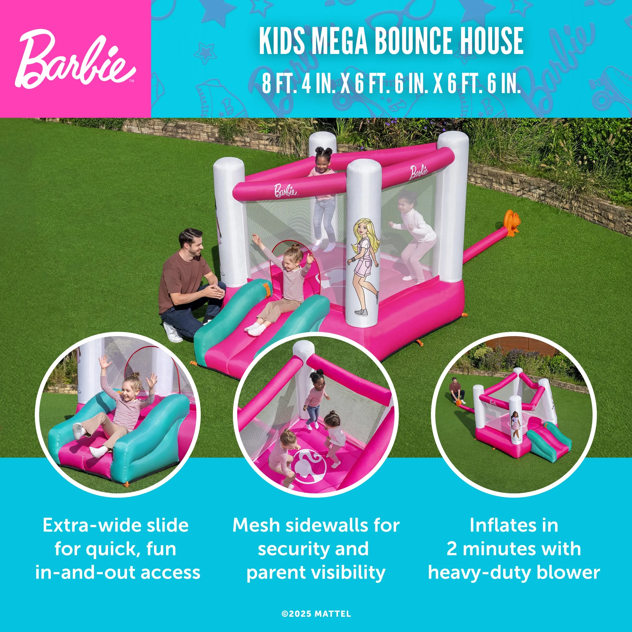 Barbie Inflatable Bounce House with Mesh Walls, Slide and Blower, Indoor/Outdoor, Ages 3+ - Image 2