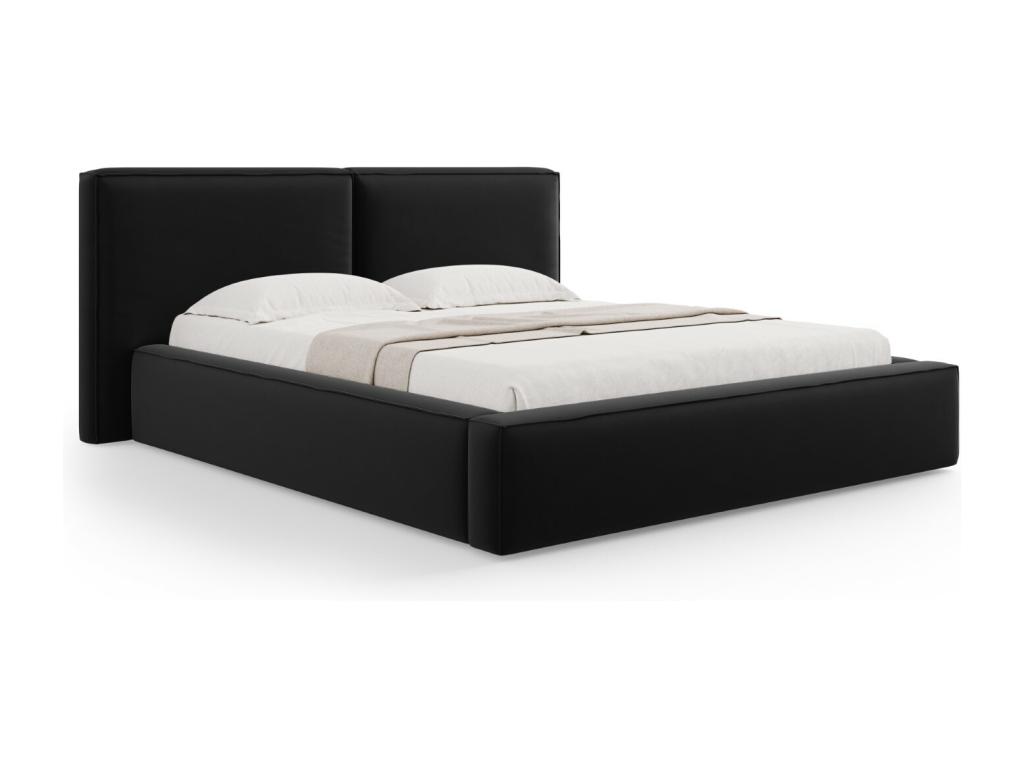 Hogarlujo - Cama con cabecero doble y baúl "Arendal" 140x200cm de terciopelo negro - 228x194x97.5cm
