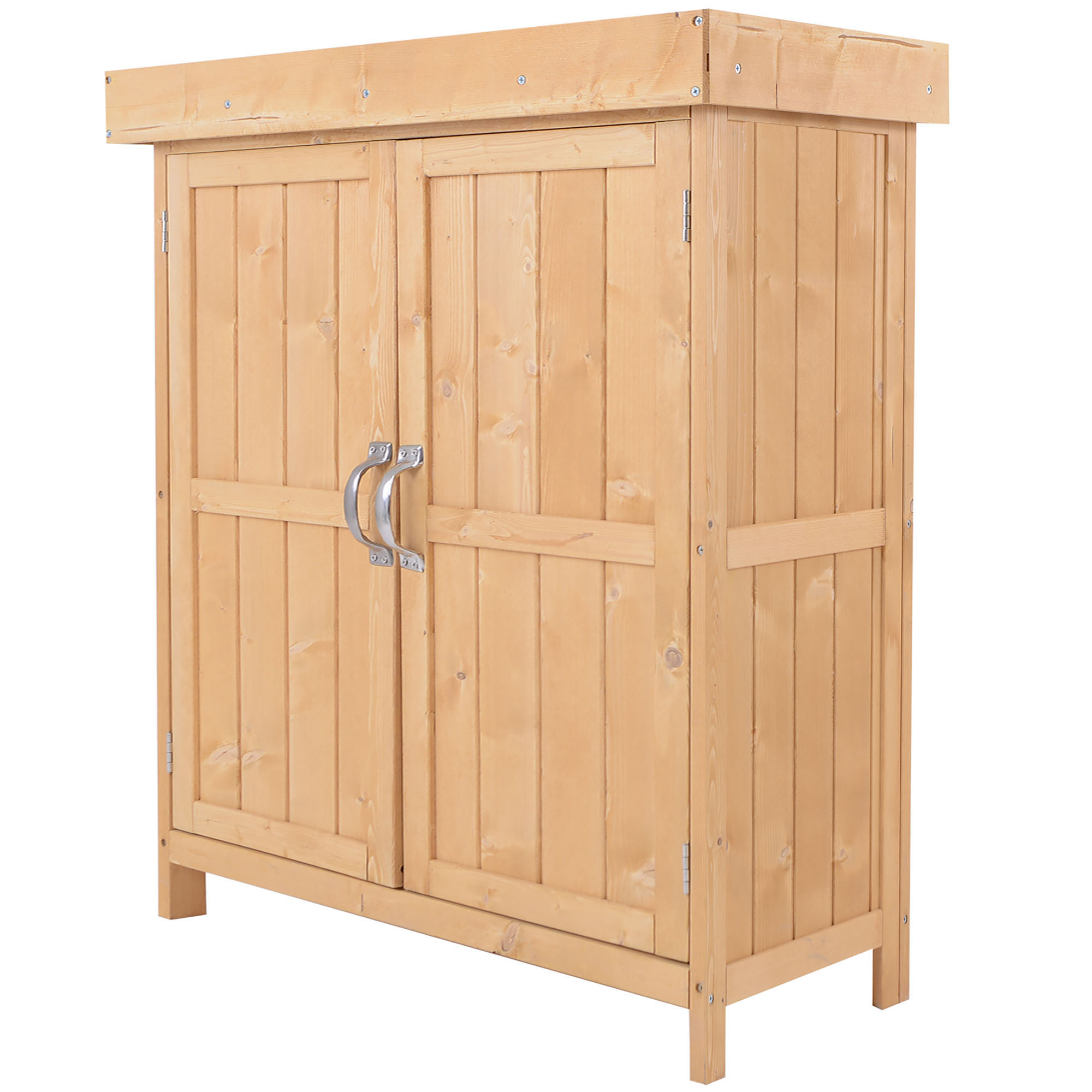 Armario de jardín sobre patas, 2 puertas con estante y techo de asfalto elevable jw9583j1