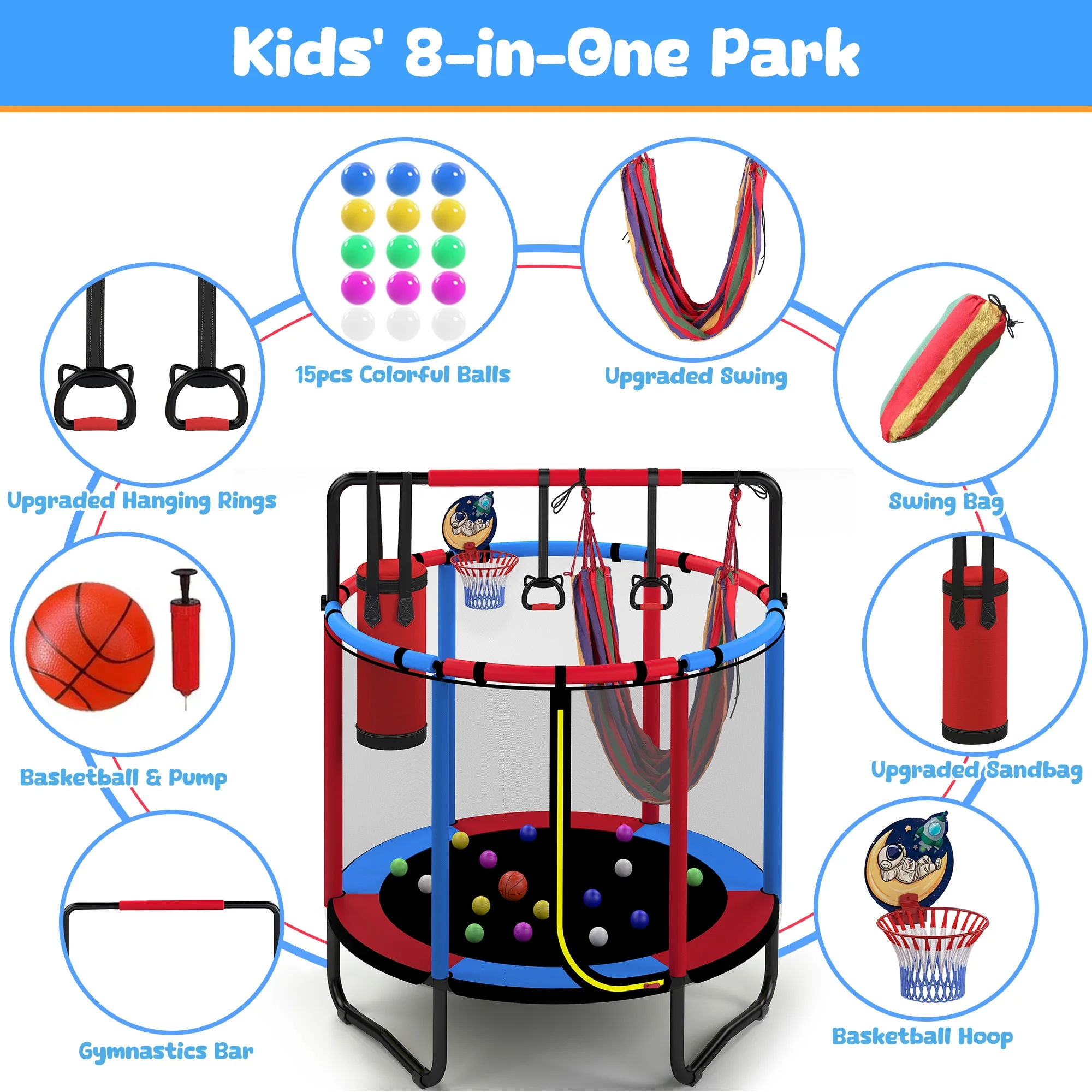 Mini Round Trampoline for Kids with Basketball Hoop, SEGMART 55'' Indoor Outdoor Toddler Trampoline with Enclosure Net, Swing, Sandbag, Ring, Ocean Balls, Small Trampoline Gift for Boys Girls, Blue - Image 2