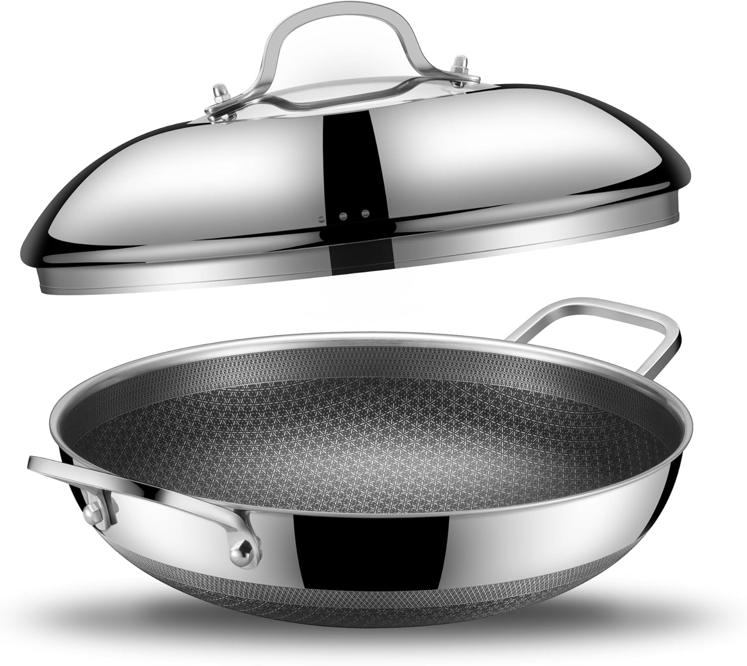 SNOWCLAD Wok, 13 Inch Hybrid Woks & Stir-fry Pans Nonstick, Non Toxic Stainless Steel Wok Pan with Lid, Dishwasher Induction Oven Broiler Safe, PFOA Free Cookware Non Stick