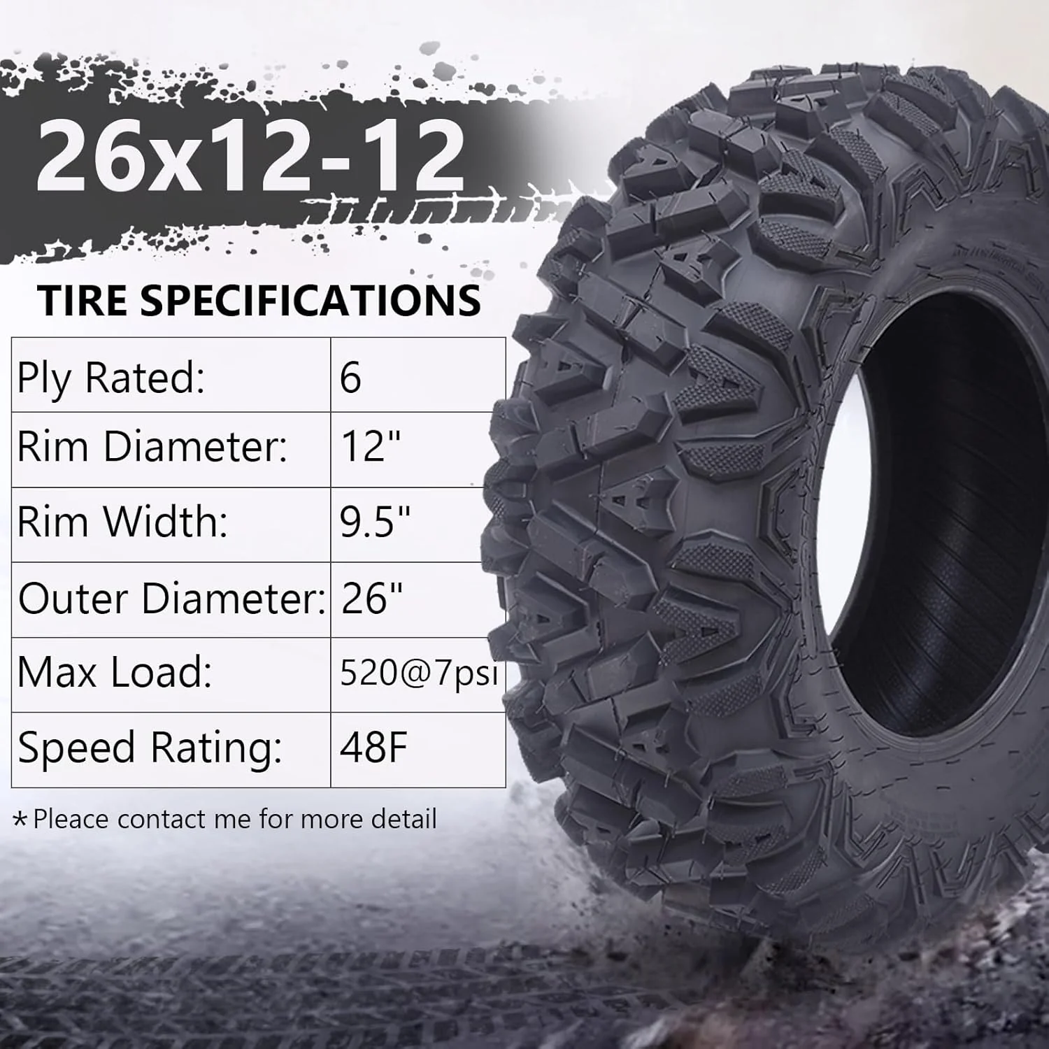 26x12x12 Atv Tires, Set of 2 Atv Tires 26x12-12 6PR, All Terrain Atv/Utv Off-Road Tires, Black