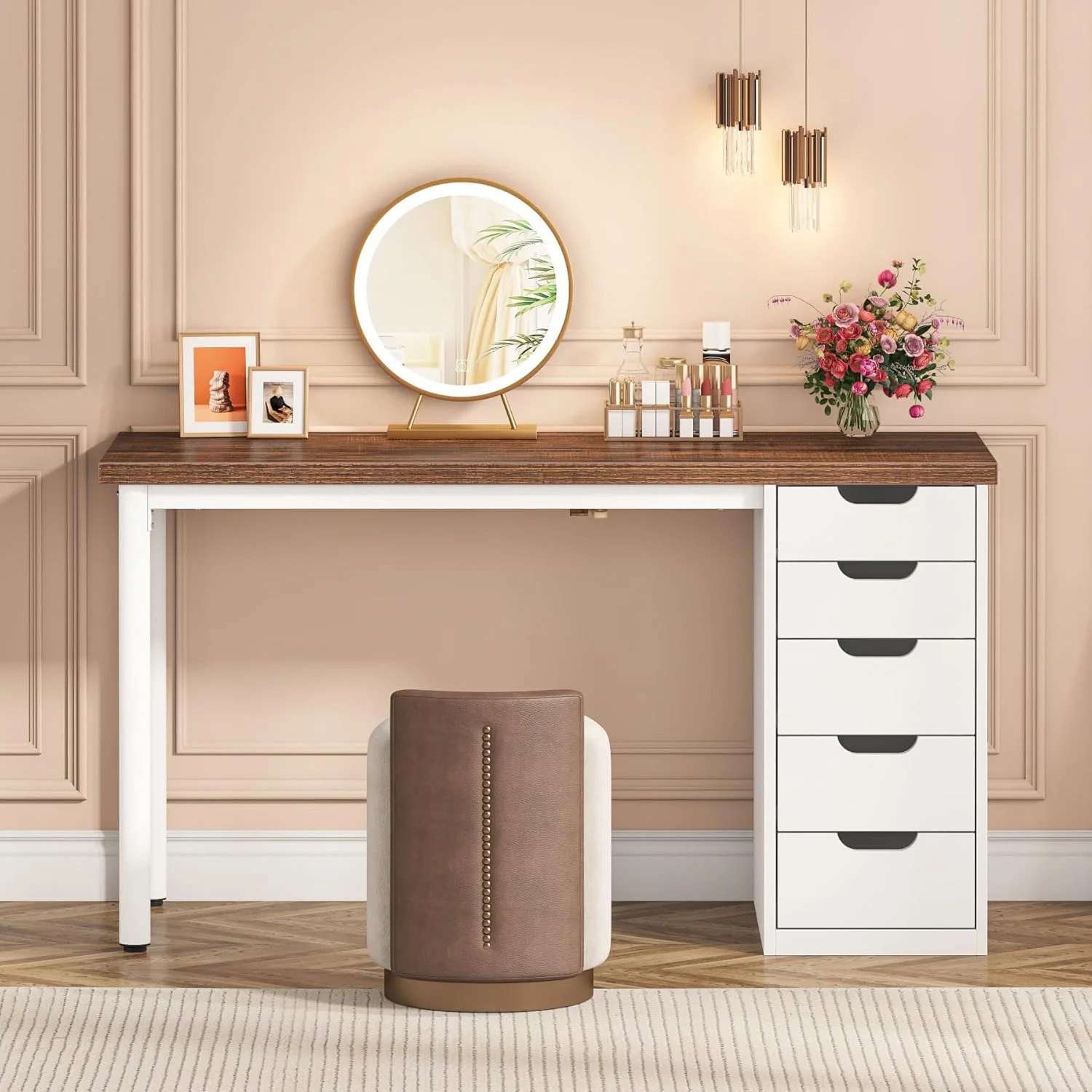 Tribesigns 47 inches Vanity Desk with 5 Drawers, Rustic Makeup Dressing Table with Storage, Modern Simple Computer Desk for Women, Girls (Brown) - Image 9
