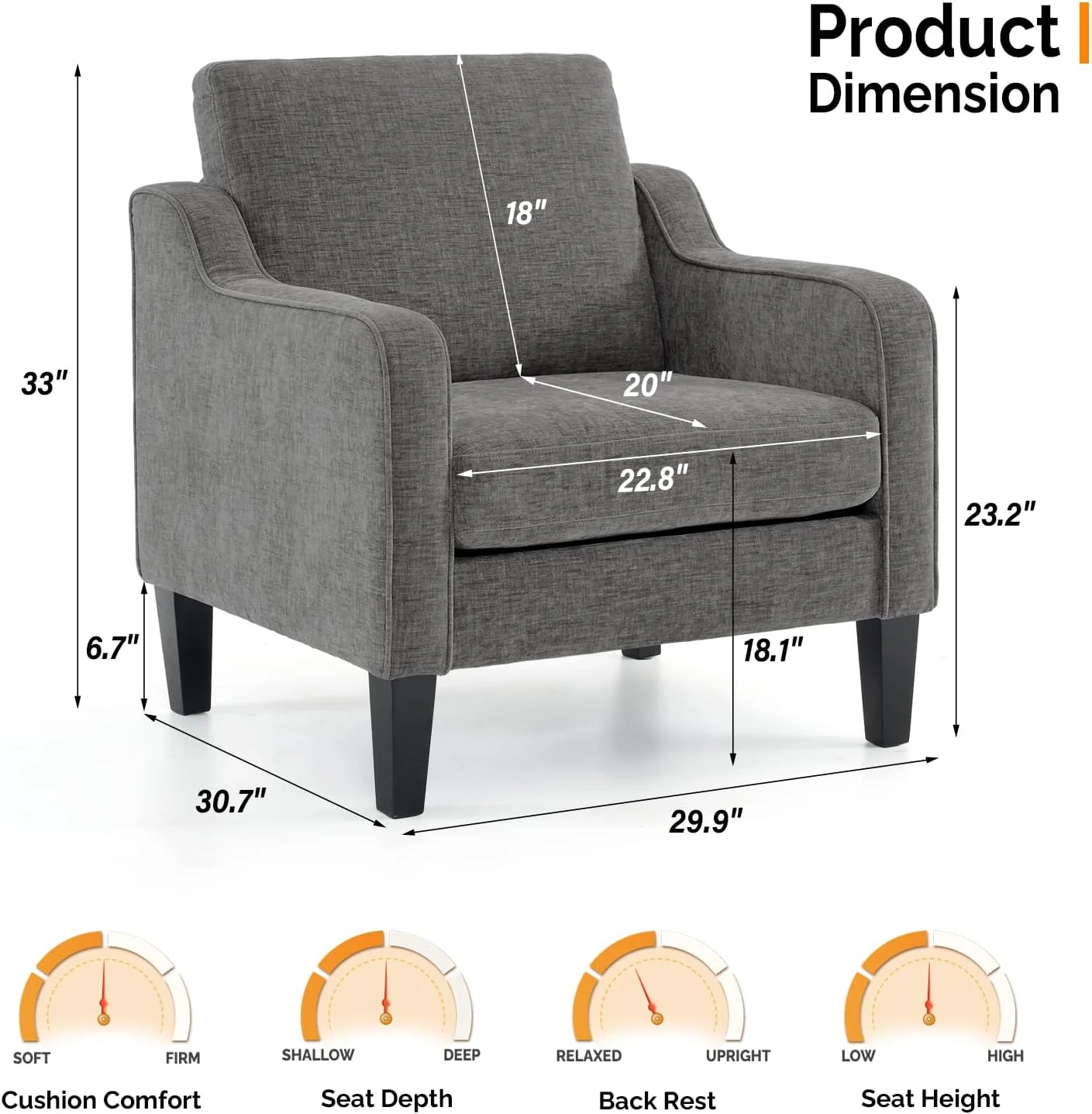 VINGLI Mid Century Modern Chenille Comfy Armchair, Creamy White - Image 24
