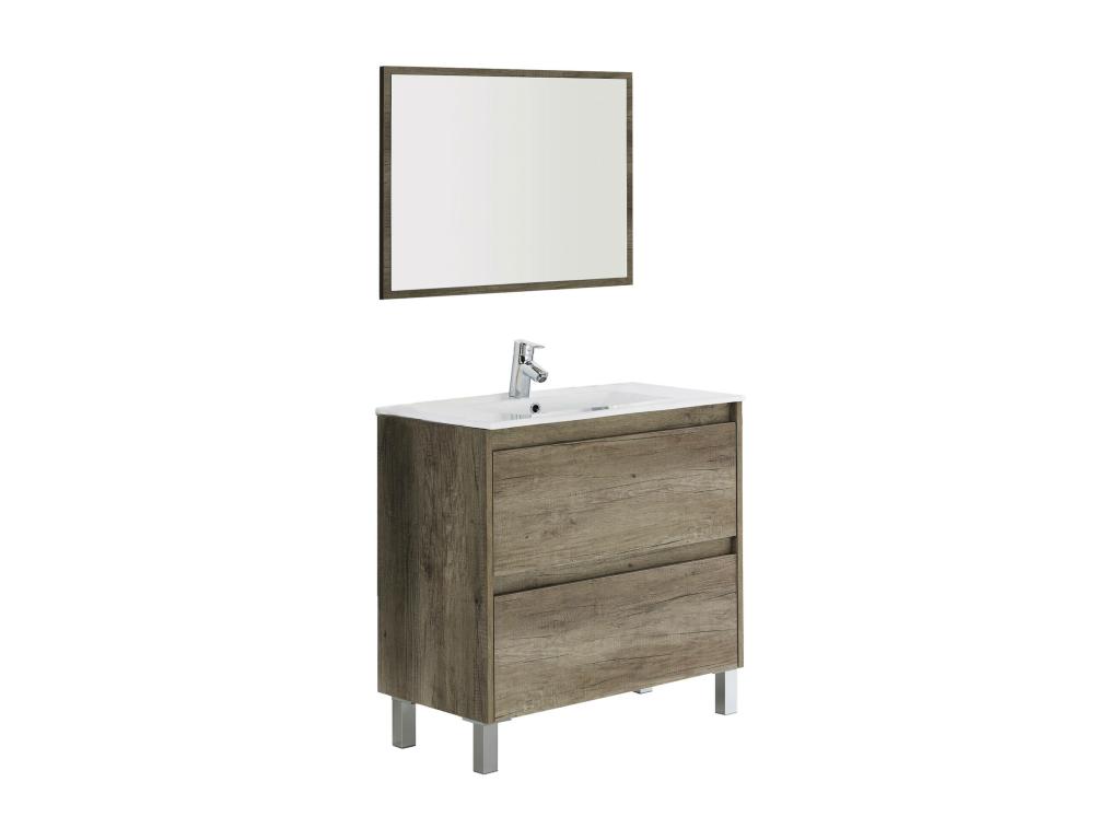Mueble bajo lavabo Modesto, Mueble bajo lavabo de pared con 2 cajones, Armario de baño con espejo, Sin lavabo, 80x45h80 cm, Roble