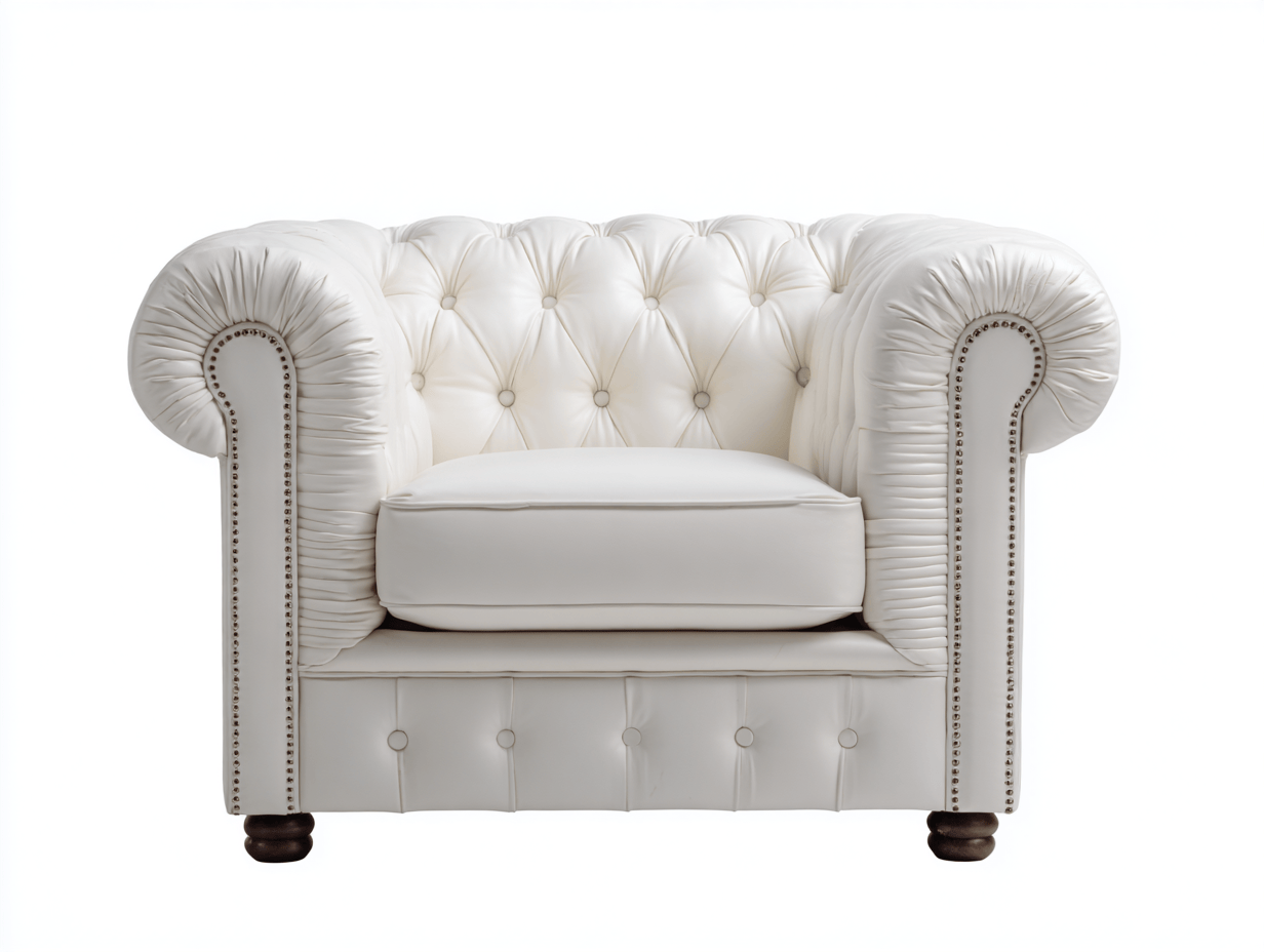 Sillón Chesterfield de cuero blanco 115×90×75 cm – acolchado capitoné – patas de madera oscura – estilo clásico elegante