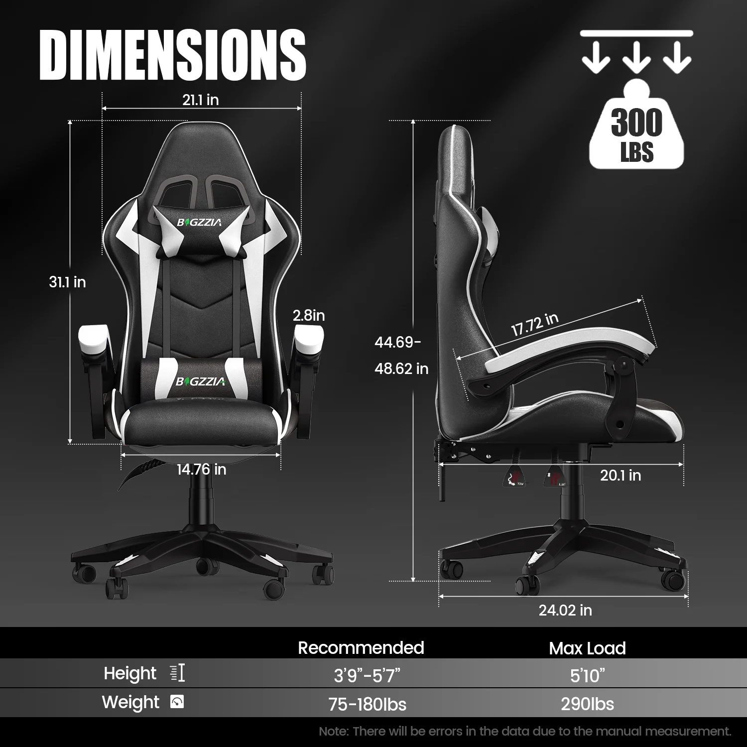 Bigzzia Gaming Chair Office Chair, Ergonomic Game Chair with Height Adjustable Headrest and Lumbar Support for Adults Teens, Black & White - Image 4