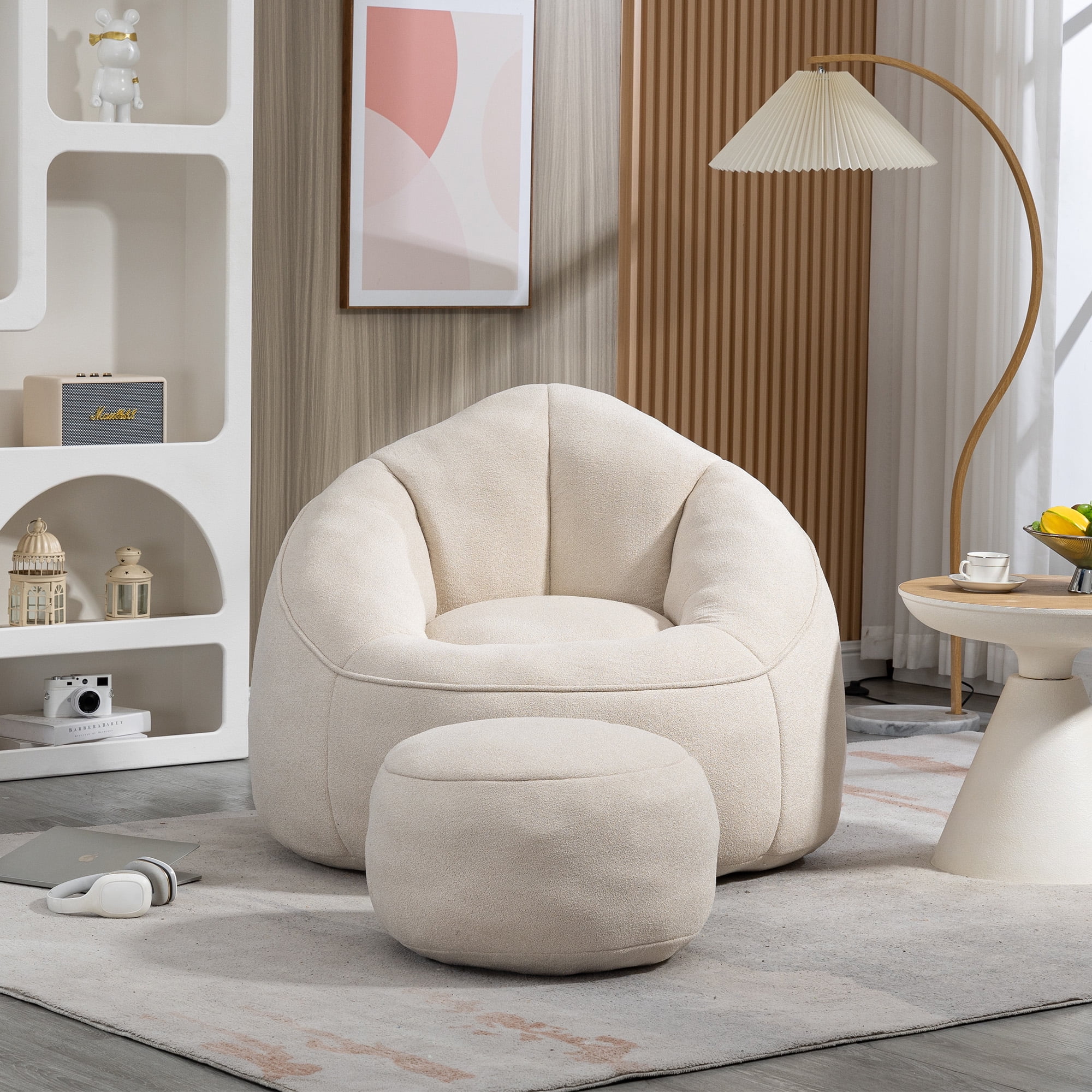 MOONMISS Microfiber Upholstered High Pressure Foam Round Lazy Bean Bag Sofa Chair with Ottoman-Gray - Image 28