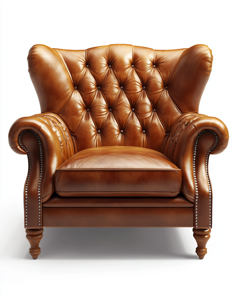 Sillón clásico en piel marrón caramelo con respaldo alto y brazos curvados