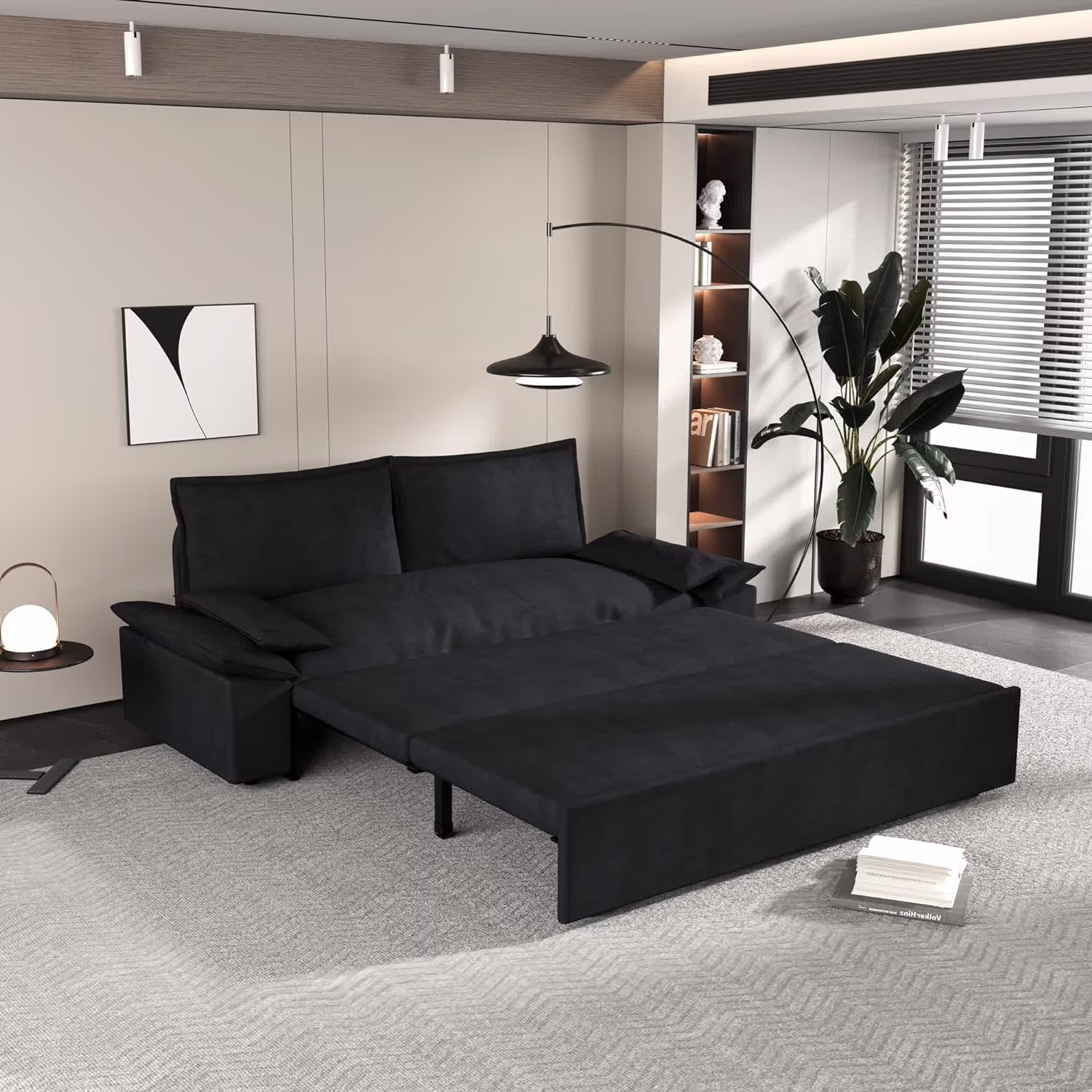 Tabaray 63.8" Futon Sofa Bed Queen Size, Pull Out Bed, 3-in-1 Convertible Sleeper Sofa with Side Pocket, Modern Plush Velvet Futon Couch for Living Room, Small Space, Apartment, Bedroom, Black - Image 12