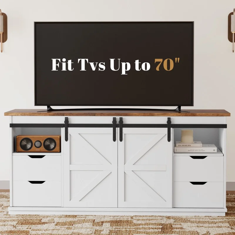 Vineego 70 inch Farmhouse TV Stand for Living Room, Entertainment Center with Sliding Barn Doors & 4 Storage Drawers, Adjustable Shelves Rustic Media Console for Bedroom,White - Image 9