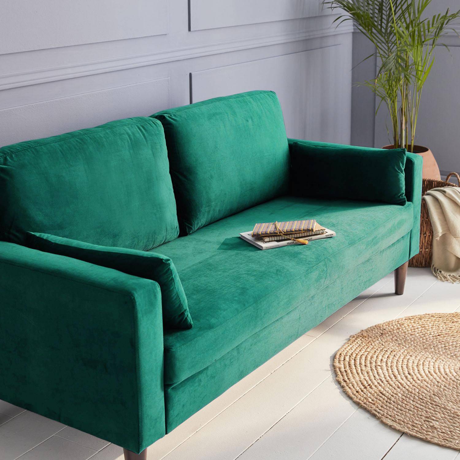 Bjorn terciopelo - Sofá de terciopelo con patas de madera de hevea, 3 plazas