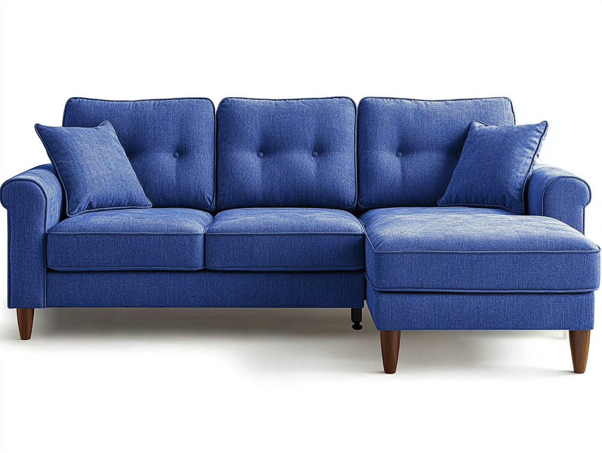 Sofá de esquina de tela azul con almohadas decorativas y estructura de madera para sala de estar
