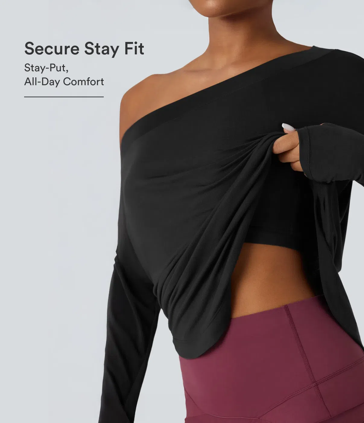 One Shoulder Long Sleeve Thumb Hole Curved Hem High Low Quick Dry Yoga Sports Top