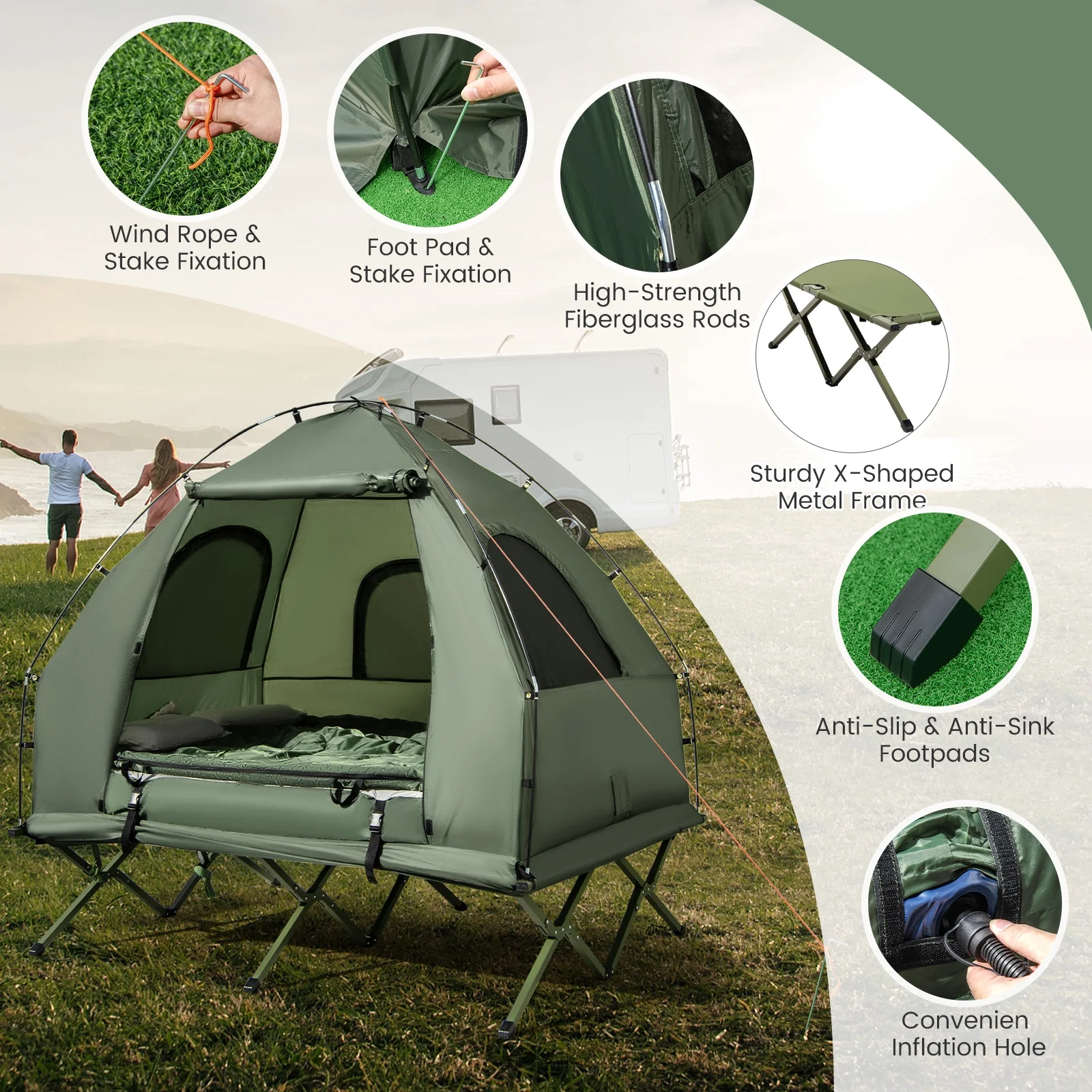 Gymax 2-Person Camping Tent Cot 5-in-1 Folding Camping Bed w/ Air Mattress Pillow Sleeping Bag - Image 8