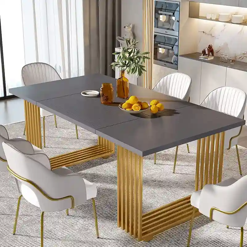 Modern Dining Table with Rectangular Top and Metal Base for 6 to 8 Seating