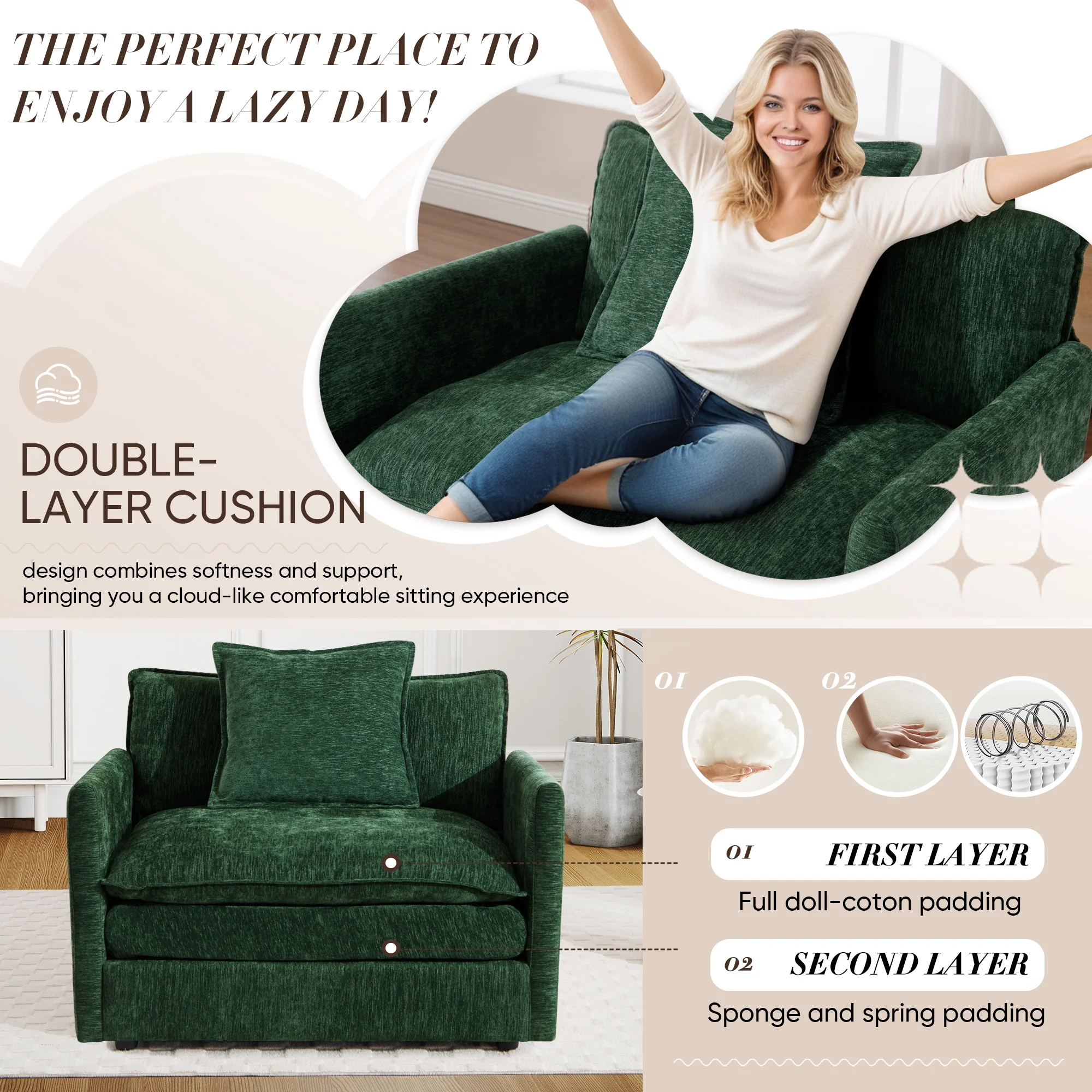 Muumblus Oversized Lounge Chair with Ottoman, Cloud Accent Armchair for Living Room, Beige Chenille - Image 23