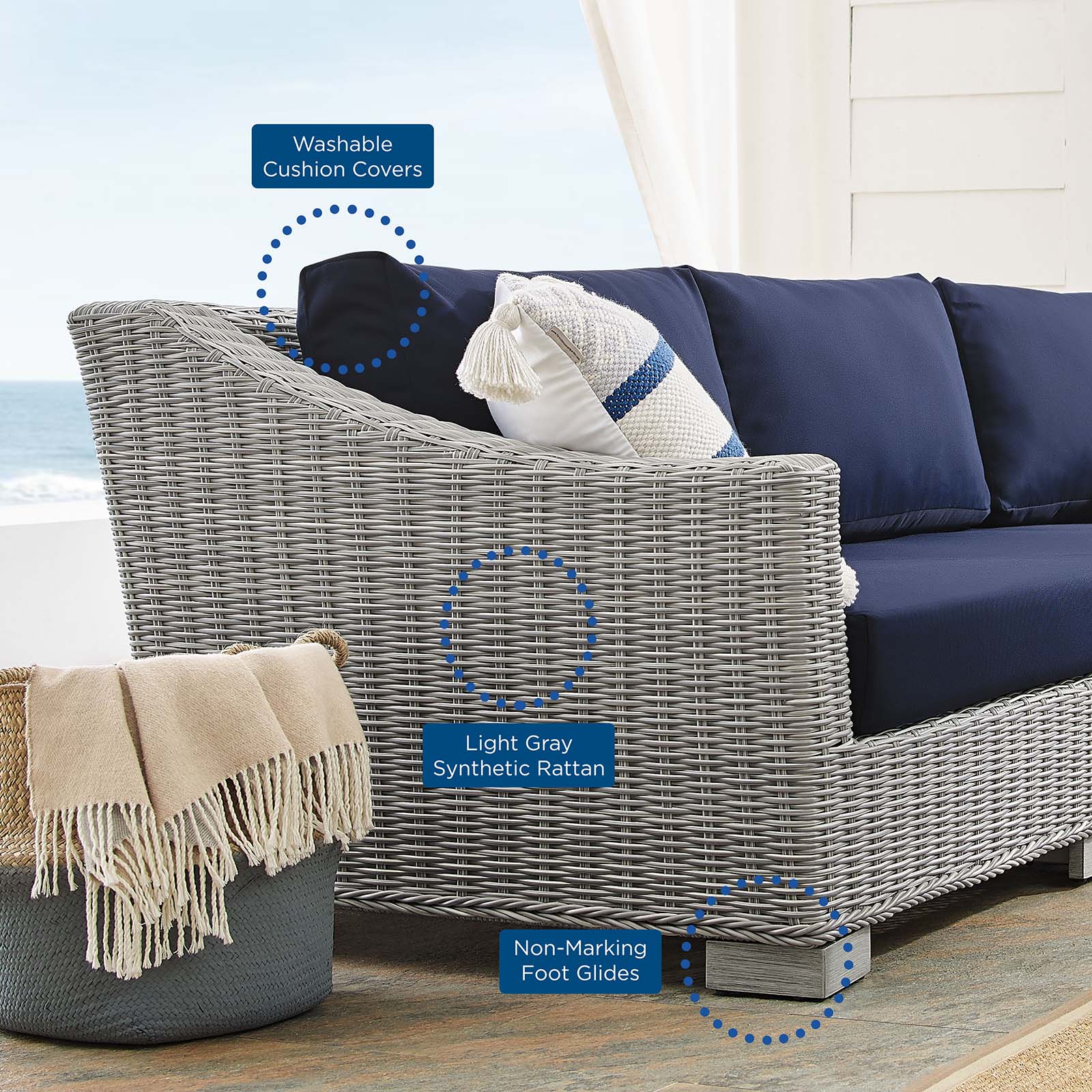 Lounge Sectional Sofa Chair Table Set, Rattan, Wicker, Light Grey Gray Blue Navy, Modern Contemporary Urban Design, Outdoor Patio Balcony Cafe Bistro Garden Furniture Hotel Hospitality - Image 8