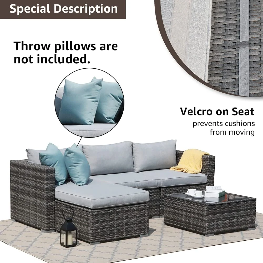 Patiorama 5-Piece Patio Furniture Set, Outdoor Sectional Conversation Set, All-Weather Grey PE Wicker with Light Grey Cushions, Backyard Porch Garden - Image 6