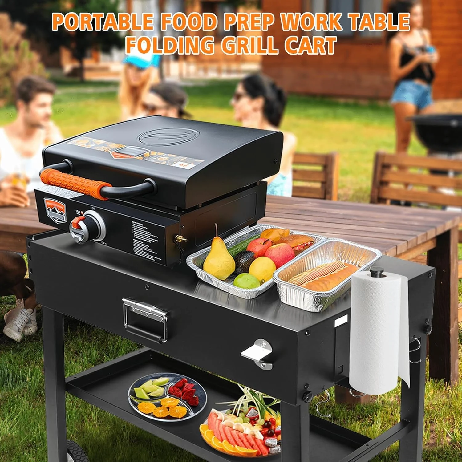 Foldable Grill Table Cart for Ninja Woodfire OG700, Blackstone Portable Griddle, Weber, Ooni Pizza Oven -C Portable Outdoor BBQ Prep Stand with Caddy, Ideal for Camping and Tailgating - Image 7