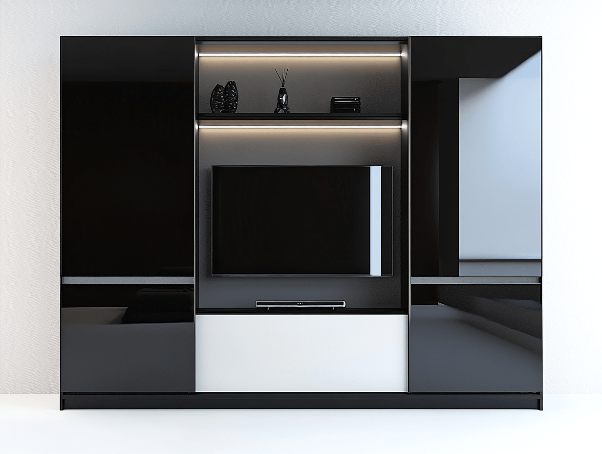 Armario con puertas correderas negro y blanco con módulo multimedia e iluminación LED