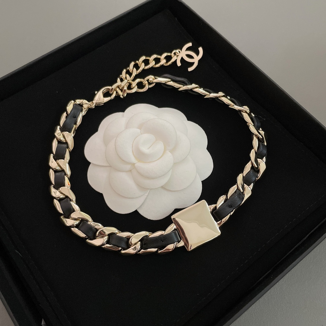 Chanel Leather Gold Chain Bracelet Choker Necklace - Original Replica Club