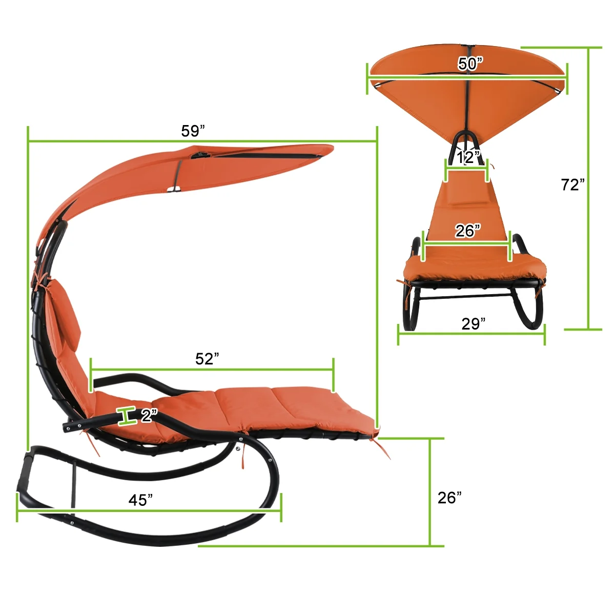 2X Rocking Hanging Lounge Chair - Curved Chaise Rocking Lounge Chair Swing For Backyard Patio w/ Built-in Pillow Removable Canopy with stand {Green} - Image 14