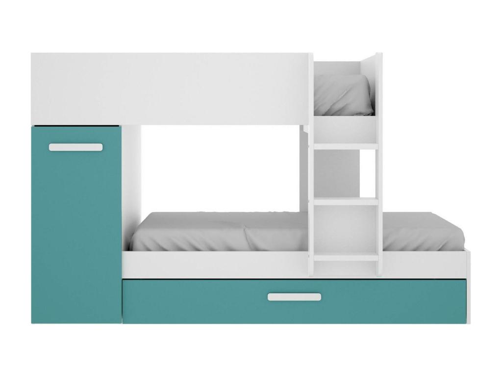 Composición del dormitorio Dclar, Dormitorio completo, Dormitorio infantil, Conjunto de muebles de puente, 244x112 h150 cm, Azul claro y Blanco