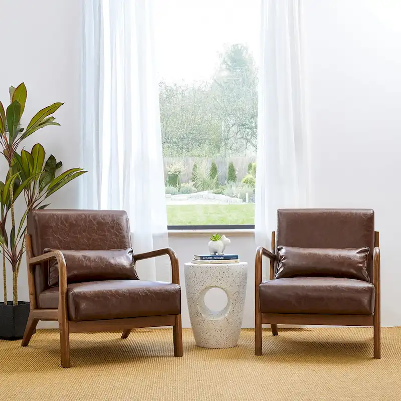 Glitzhome Set of 2 Mid-Century Modern PU Leather Accent Chairs - 30.75H with Cushions (25.75W x 33.75D)