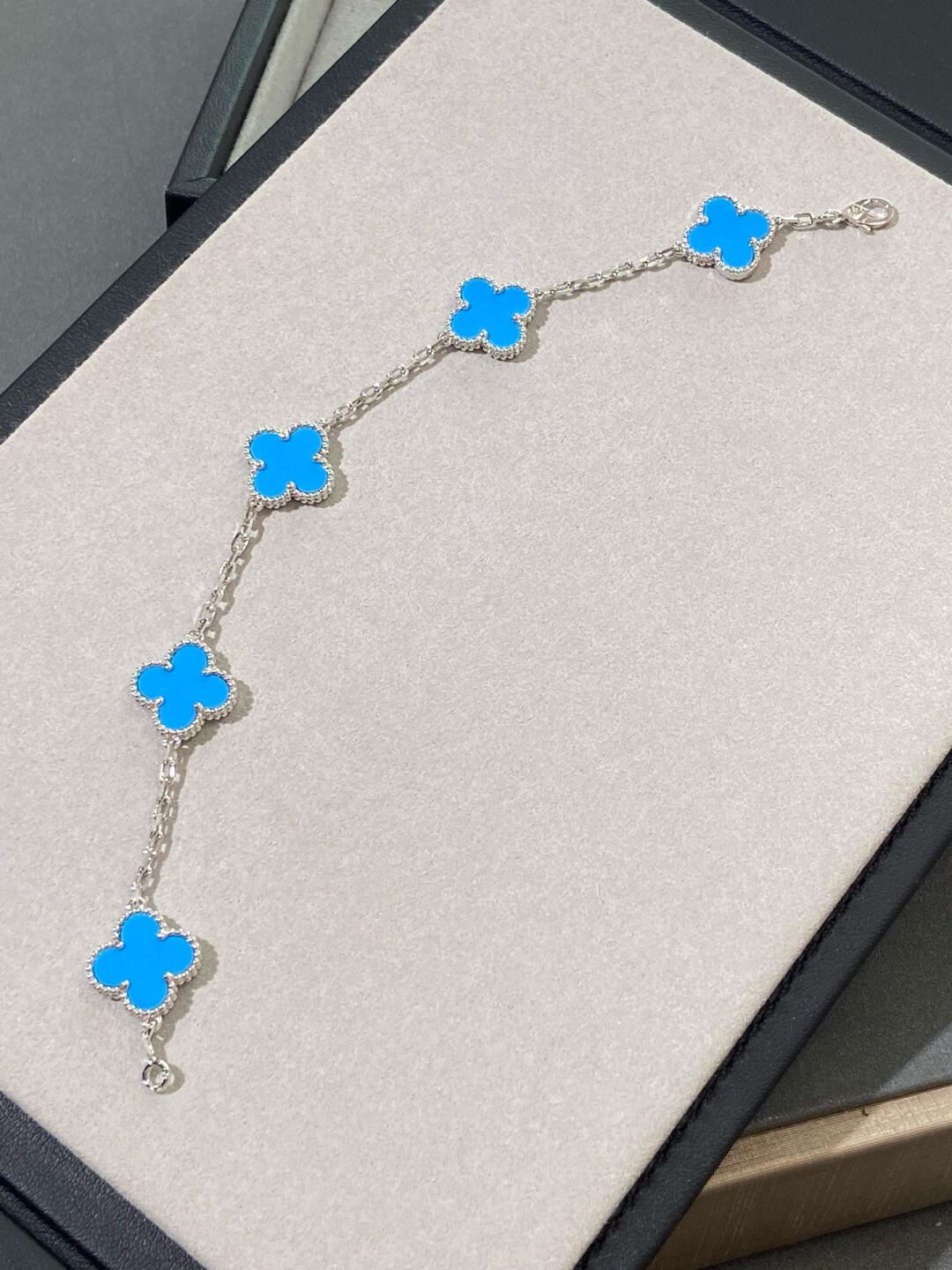 VCA Blue Agate VIntage Alhambra Bracelet, 5 Motifs - Original Replica Club