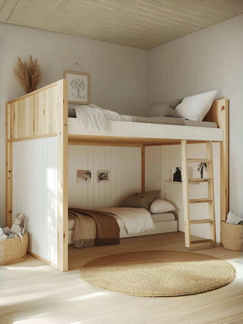 Cama litera madera,madera maciza de pino,color blanco/natural claro,madera,dormitorio infantil,196x143x137,4 cm