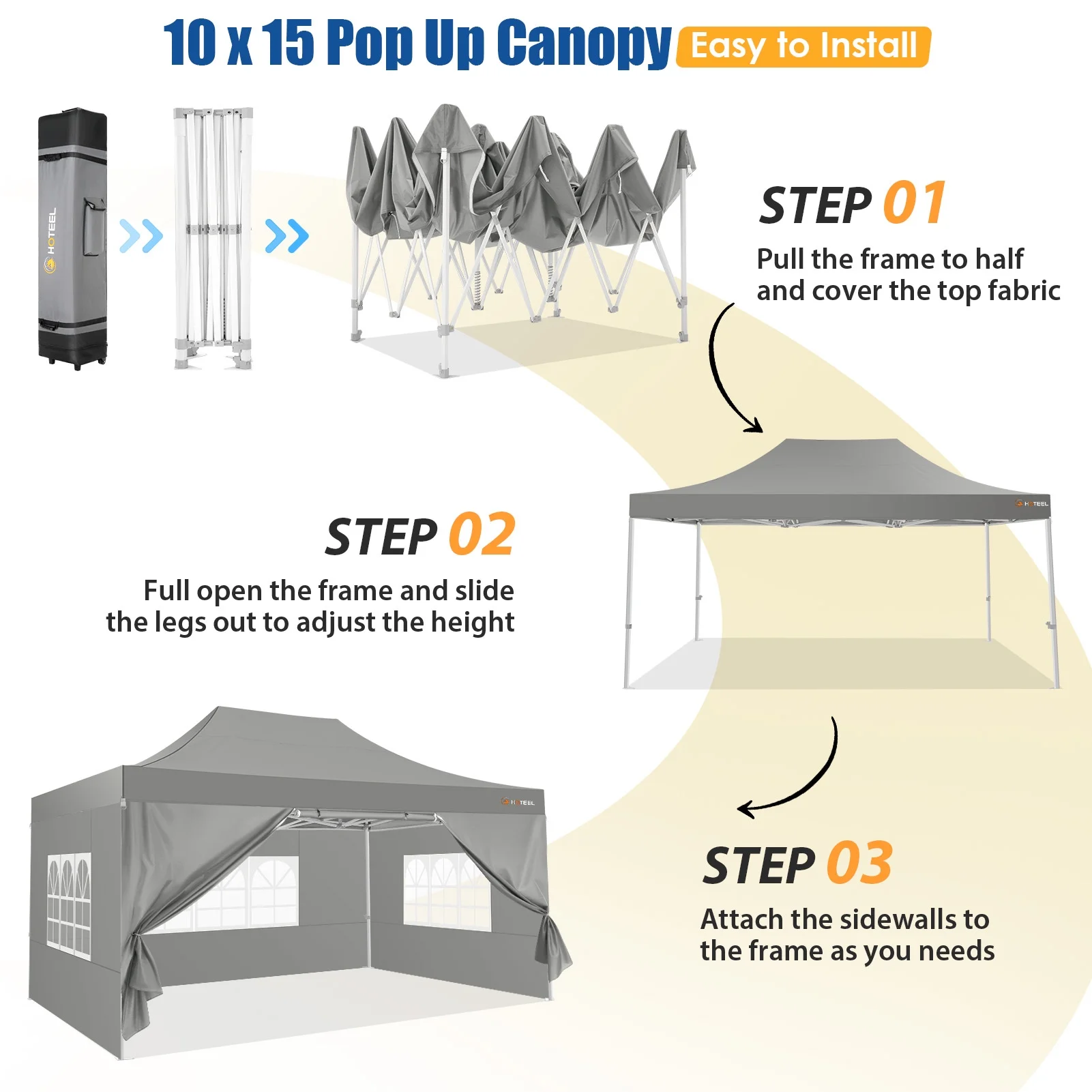 HOTEEL 10x15 Heavy Duty Canopy Tent - Commercial Pop Up with UV50+, Thick Hexagonal Frame, 4 Sidewalls, Anti-Pooling Design & Roller Bag (Black)