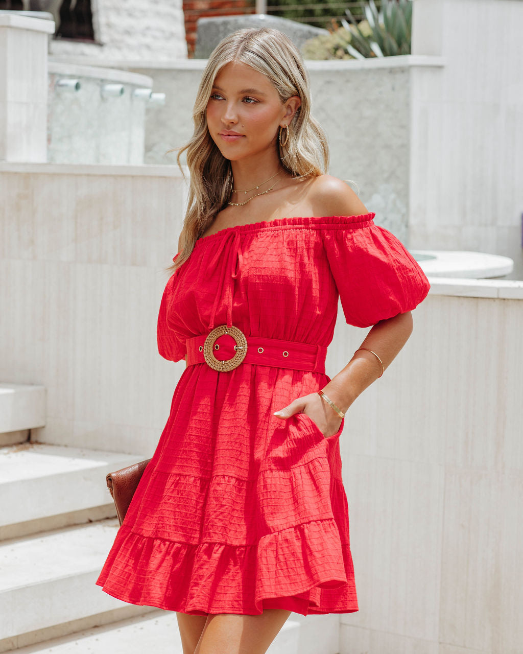 Adassa  Belted Cotton Pocketed Tiered Mini Dress - Red - FINAL SALE - Se7enfashion