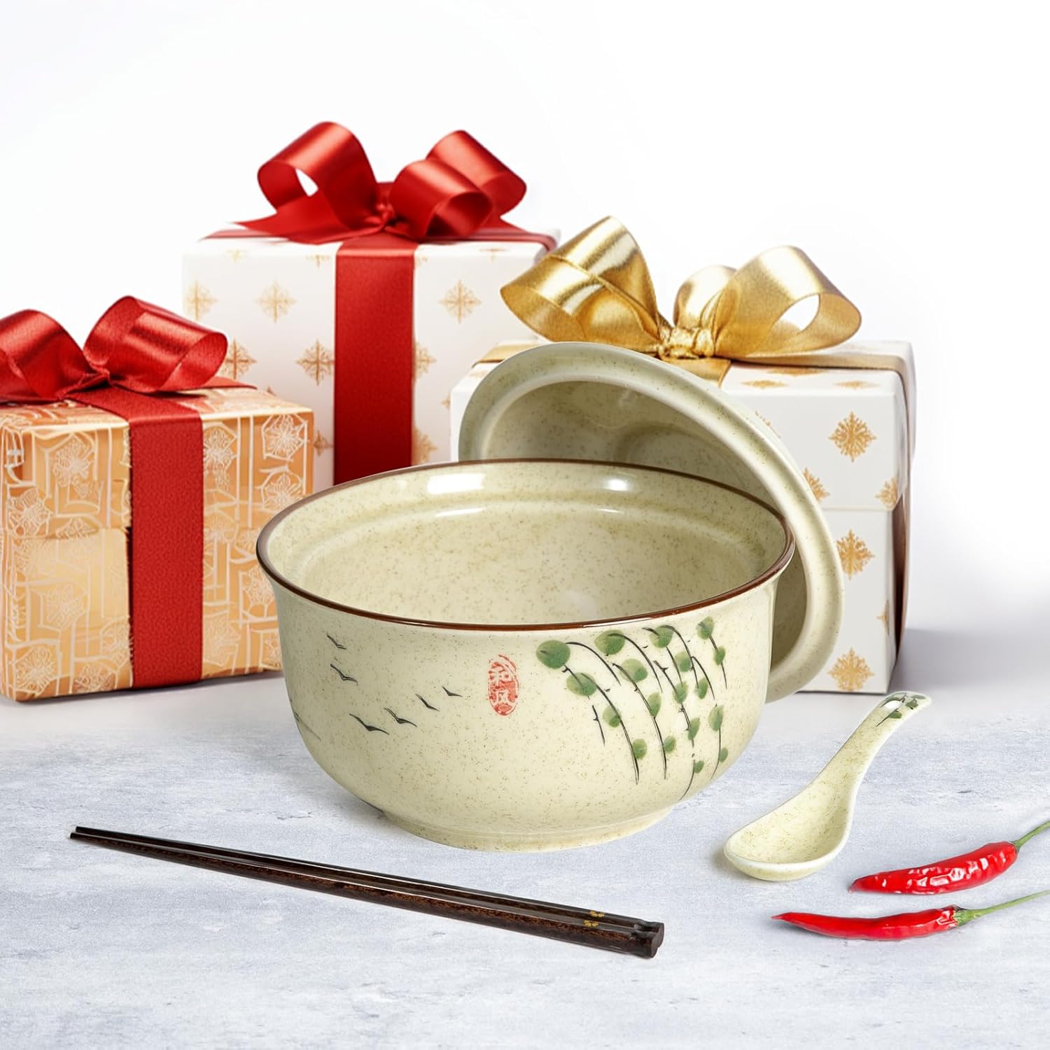Ceramic Ramen Bowl Set of 2, Ramen Noodle Bowl with Lid 27oz Japanese Retro Style Soup, Pho, Udon Bowls, Matching Spoons and Chopsticks for Microwave & Dishwasher Safe, Twig