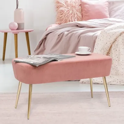 Adeco Velvet Footrest Bench with Metal Legs - Stylish Bed End Stool and Dressing Chair
