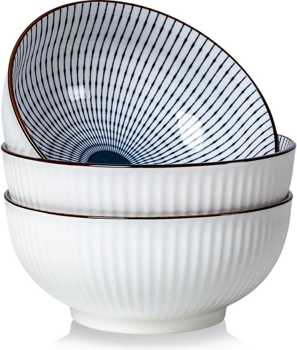 Houlu 60 oz Pho Bowls, Large Soup Bowl, Japanese Ramen Bowl Set, 8 inches Big Porcelain Bowls Set of 3, Striped Pattern