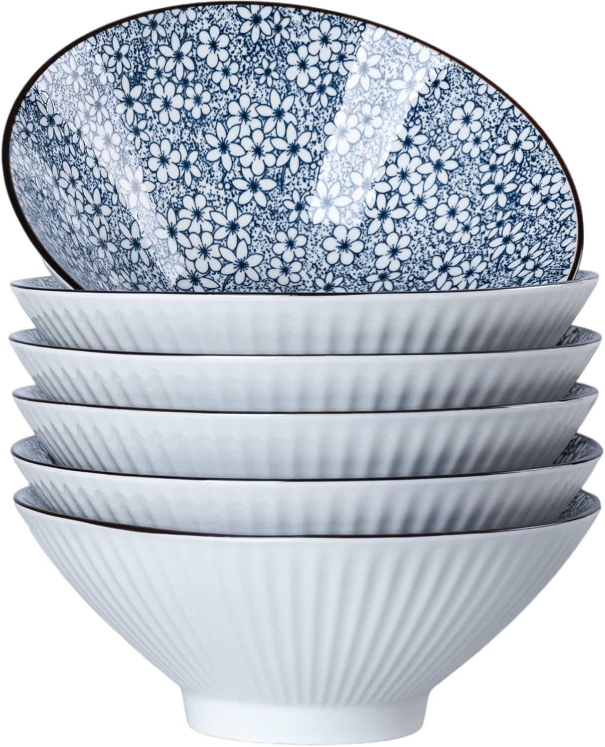 38 oz Japanese Ramen Bowl Set of 6 - Large 8 Inch Ceramic Soup Bowls, Blue and White Japanese Noodle Bowls for Pho, Ramen, and Salad - Mixing Patterns