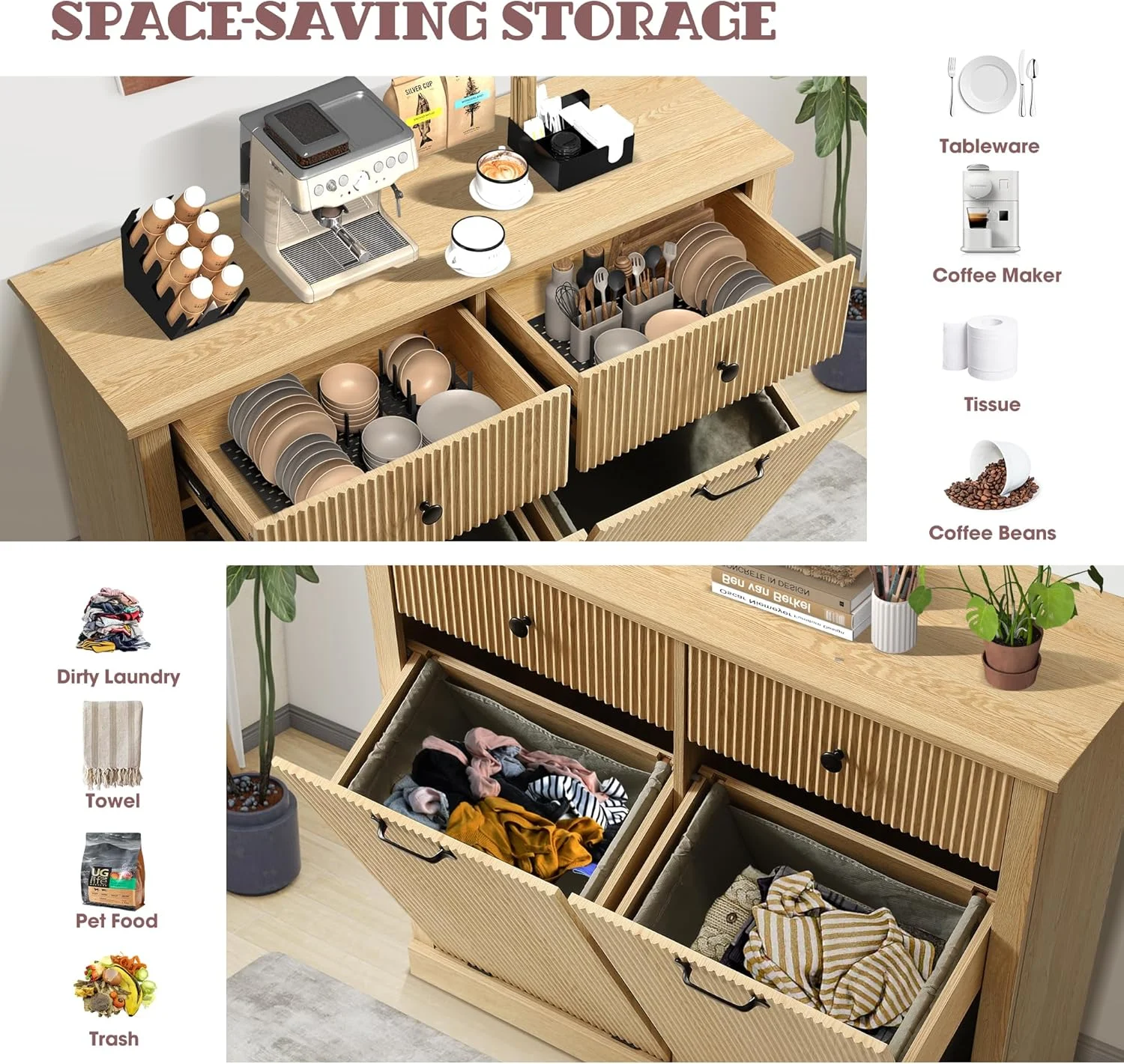 Haverchair Double Tilt Out Laundry Hamper Cabinet, Modern Fluted Trash Can Cabinets with Drawer, Wooden Hidden Garbage Cabinet for Kitchen and Bathroom - Image 2