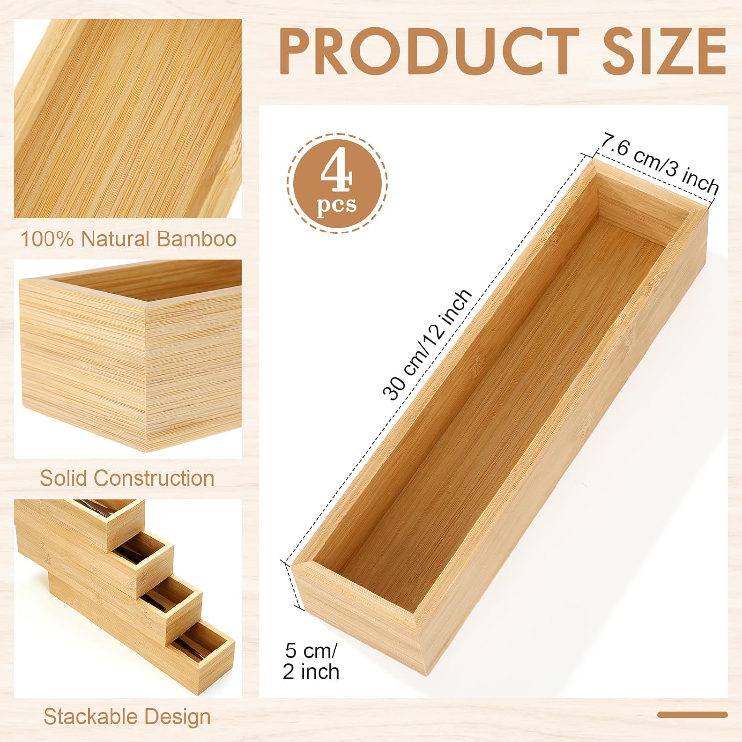 4 Pcs Bamboo Drawer Organizer Stackable Utensil Organizer for Kitchen Bamboo Storage Box Wood Silverware Tray for Drawer, Dresser, Bathroom 12