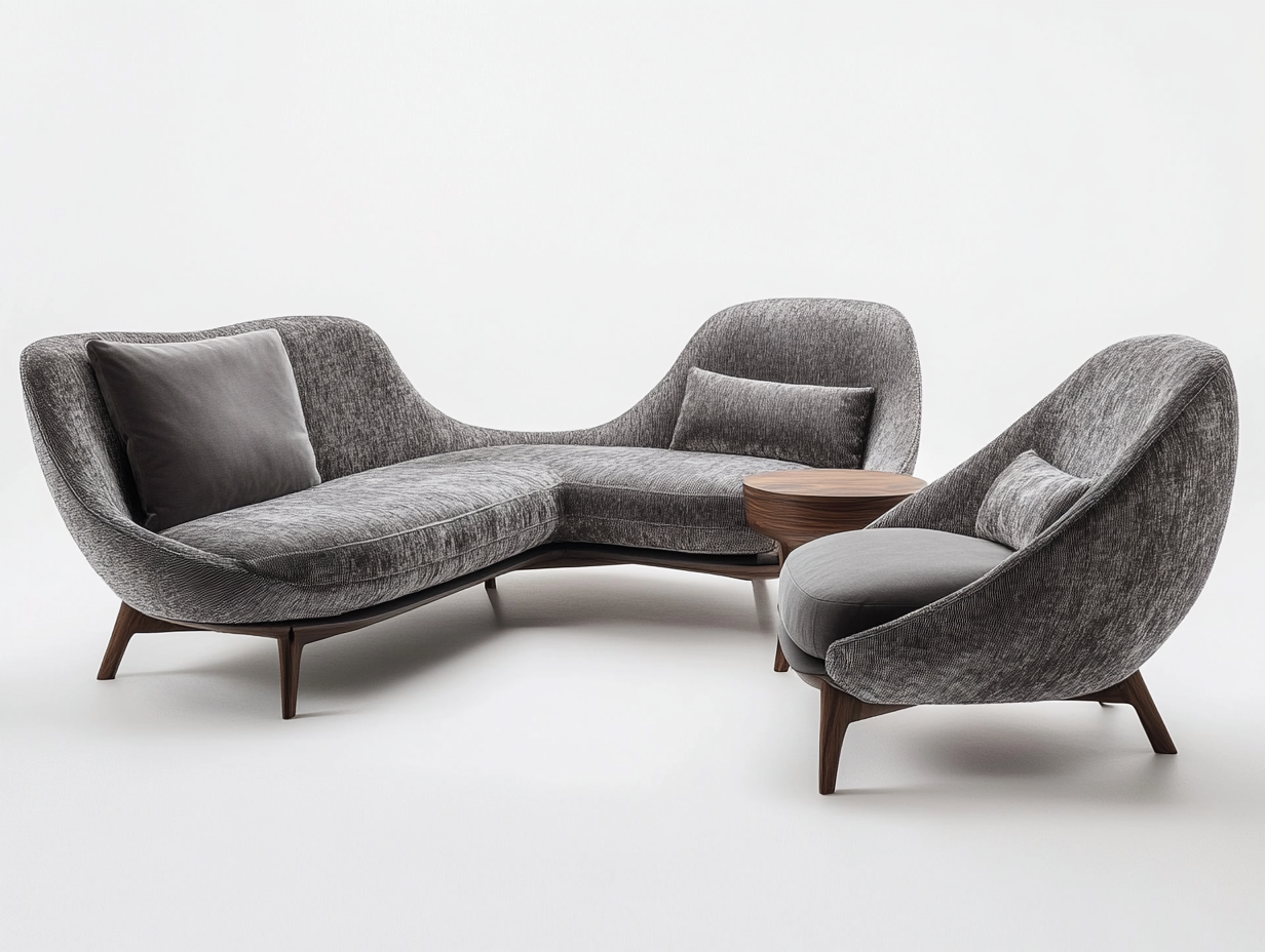 Sofá de Tela Gris Moderno para Sala de Estar con Mesita de Madera