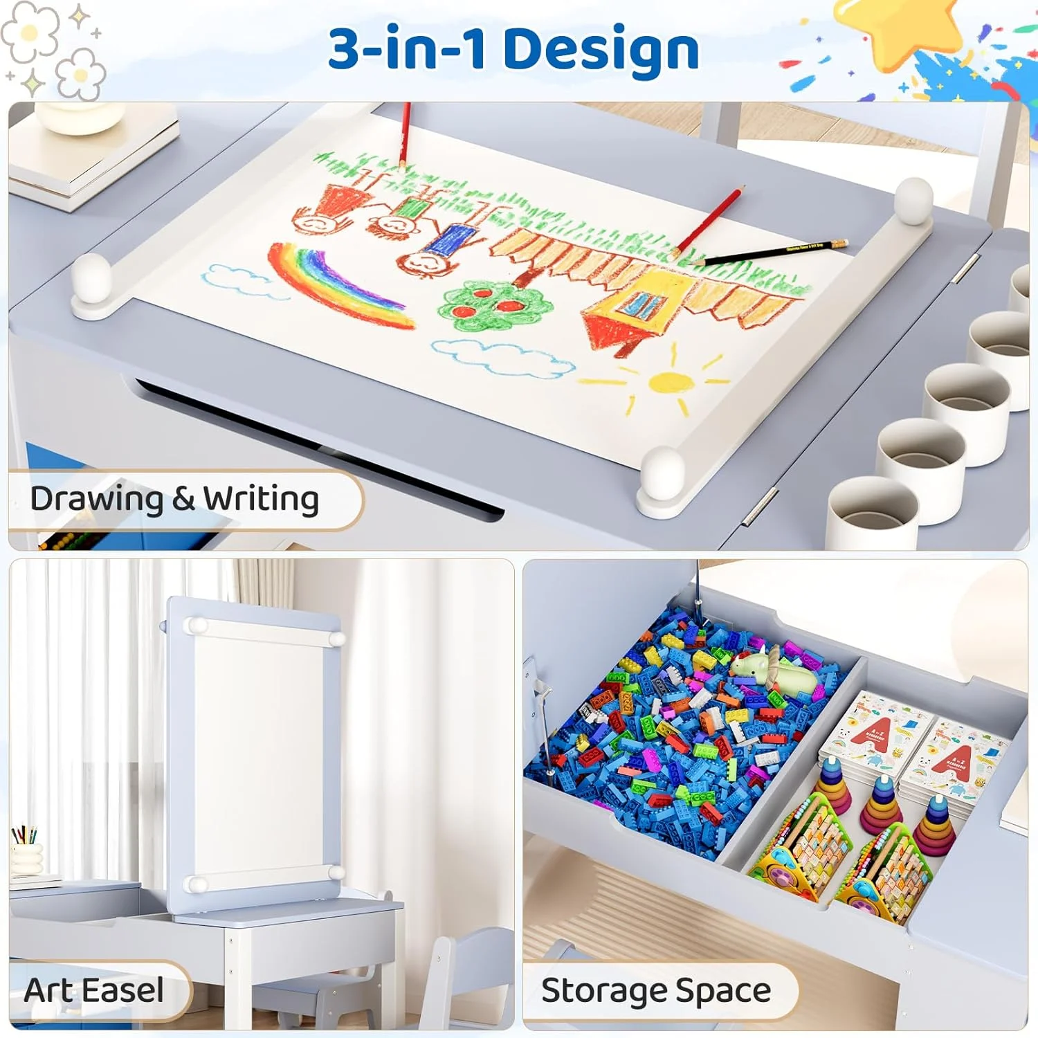 LAZY BUDDY Kids Art Table and 2 Chairs Set, 2 in 1 Easel & Toddler Craft Table and Chairs Set with Storage Bins, Paint Cups and Paper Roll, Activity Table Set for Children 3+ - Image 9