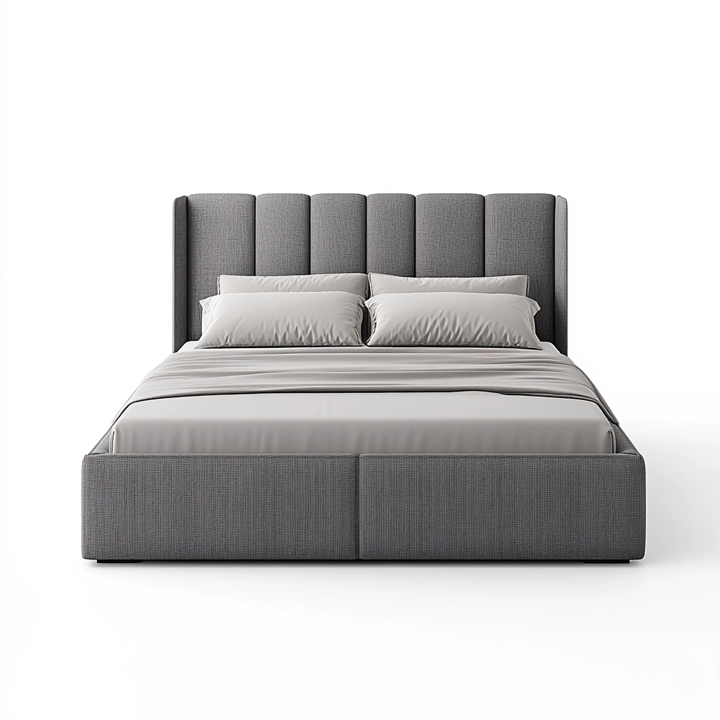 Cama doble tapizada en tela gris con cabecero alto 160x200