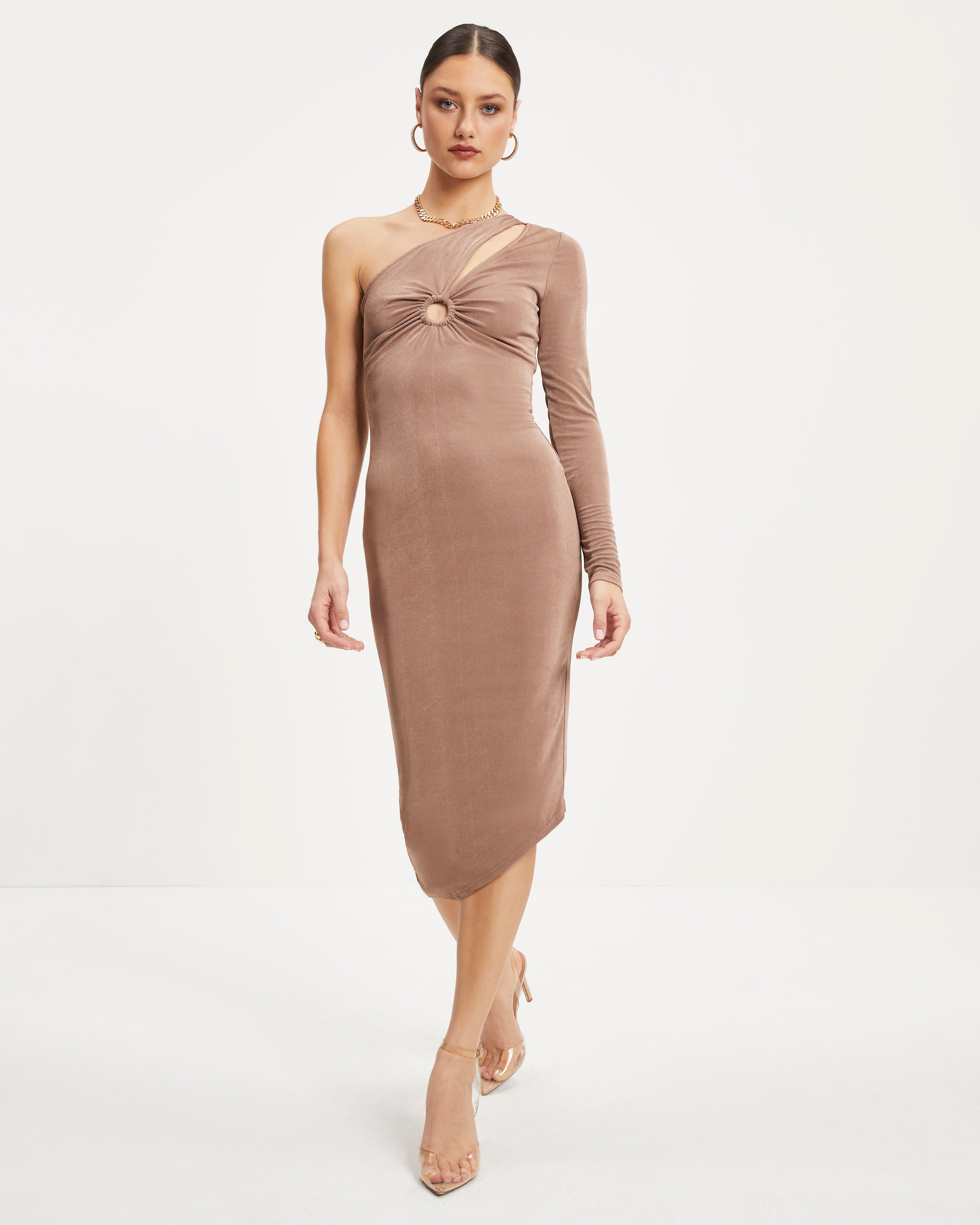 Give Me A Break One Shoulder Asymmetrical Midi Dress - Mocha - Se7enfashion
